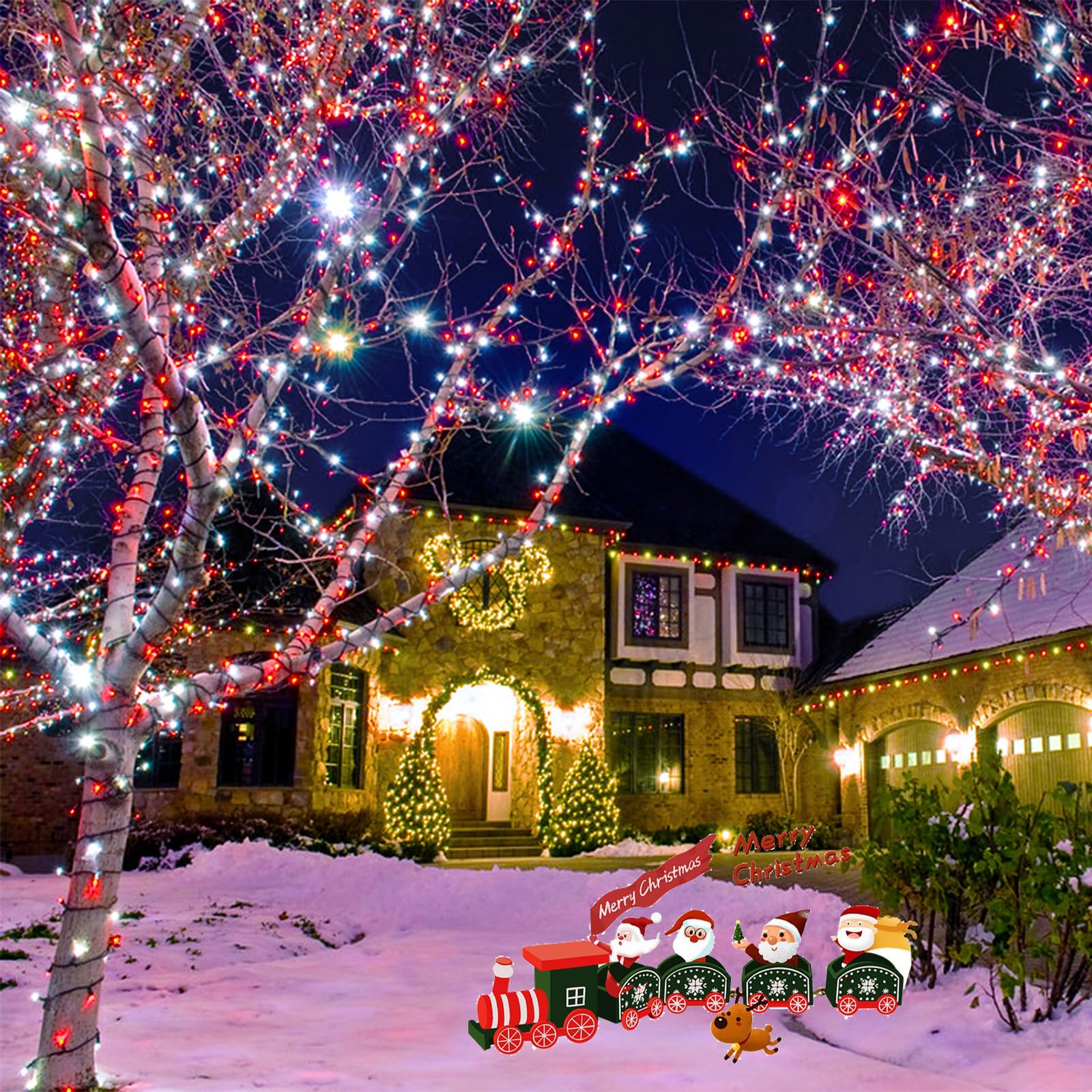 YIQU 200 LED Christmas Lights, Red & White, Timer & Memory Function, 75.8 FT, Waterproof, Extendable, 8 Modes