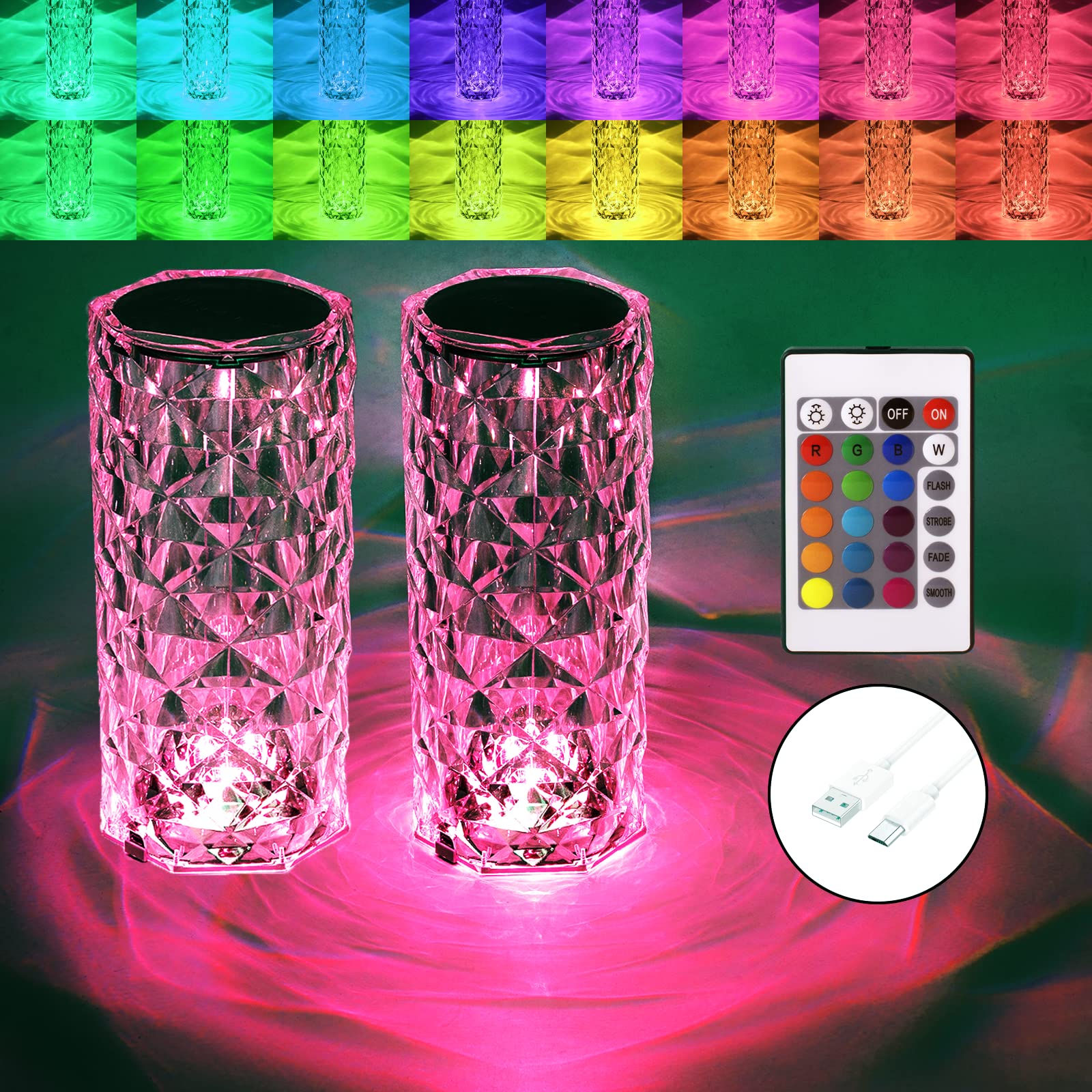 BGFHome Crystal Table Lamp - RGB Color Changing, 2 Pack, Touch & Remote Control, Diamond Design for Bedroom & Living Room Decor