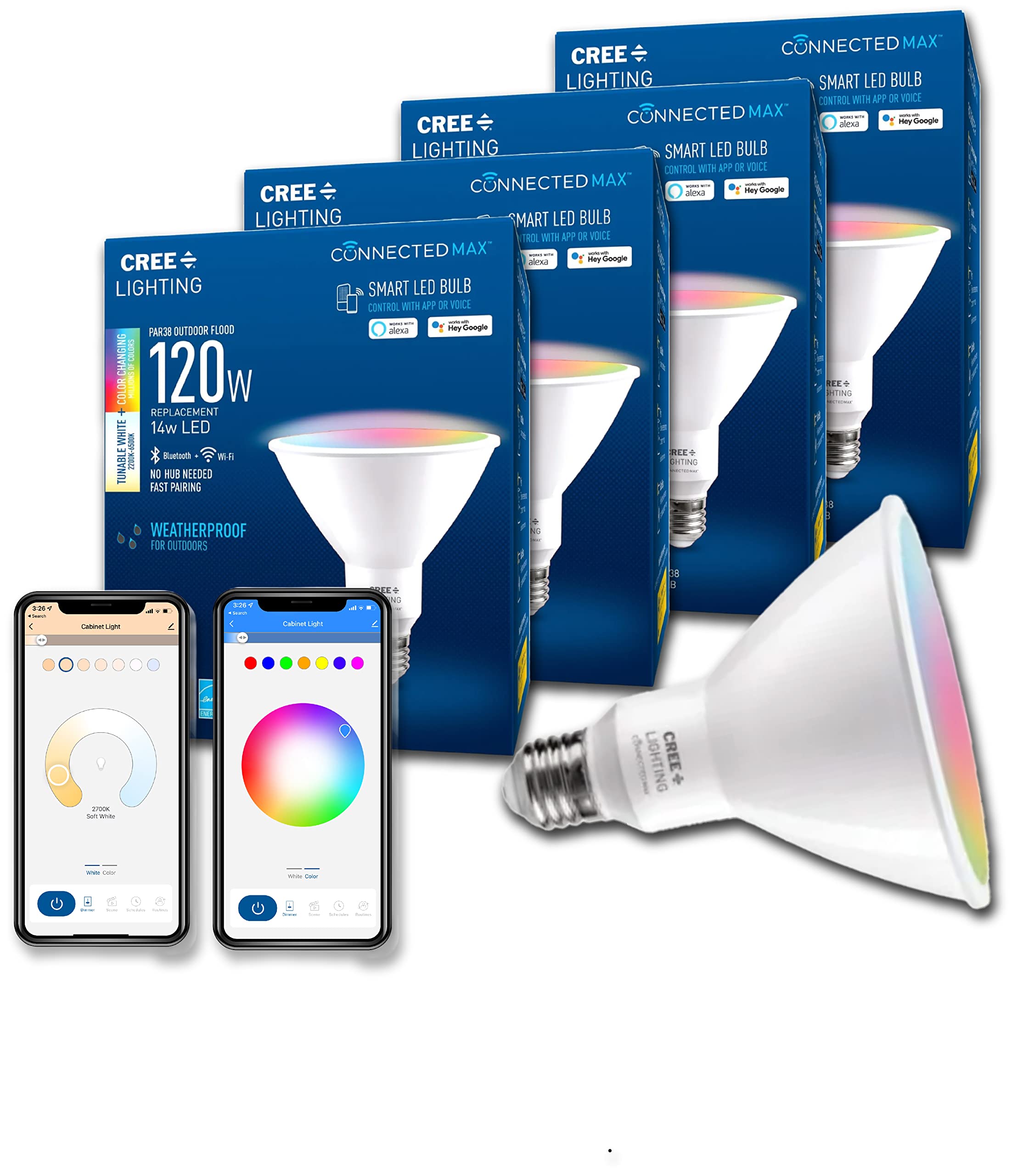 Cree Lighting Connected Max Smart Led Bulb Par38 Outdoor Flood Tunable White + Color Changing, 2.4 Ghz, Compatible with Alexa an