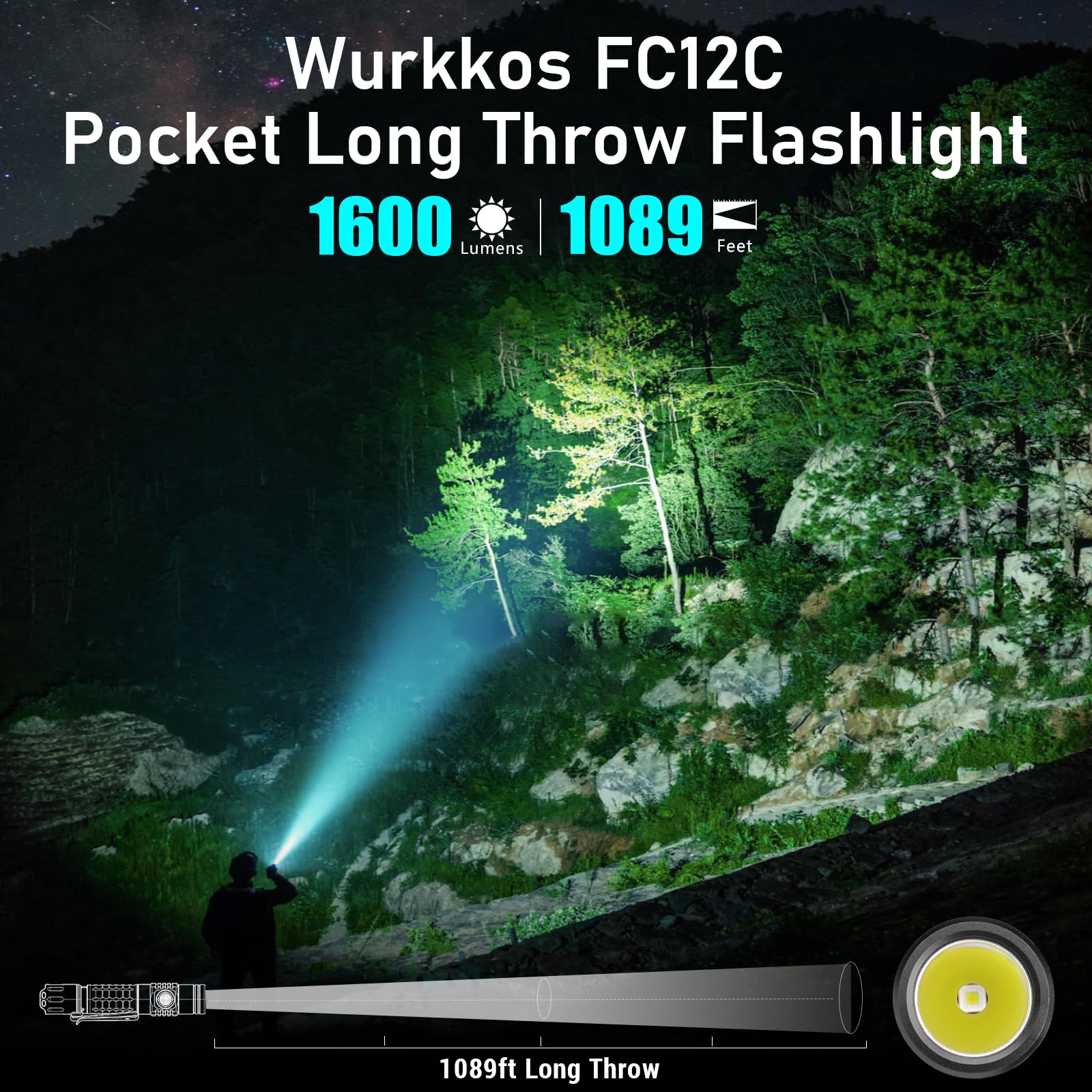 Wurkkos FC12C Tactical Flashlight 1600 Lumens USB-C Rechargeable IP68 Waterproof 332M Long Throw