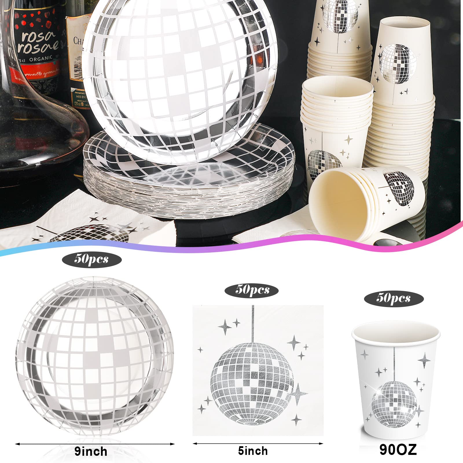 Gerrii Disco Party Supplies Set - 50 Paper Dinner Plates, 50 Silver Cups, 50 Cocktail Napkins - White and Silver - Model: Gerrii-Disco Party-70