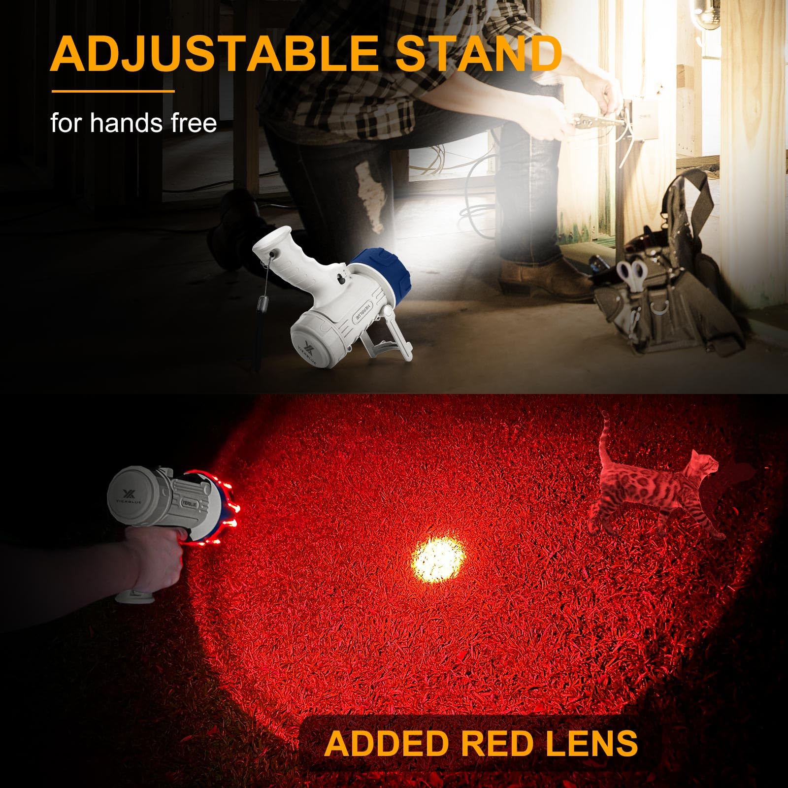 Yierblue Rechargeable Spotlight Floodlight Combo 1000 000 Lumen Led  Ip67 Waterproof Spot Light Cob Flood Light  Impact Resistant Handheld Spotlight With Foldable Stand And Detachable Red Len
