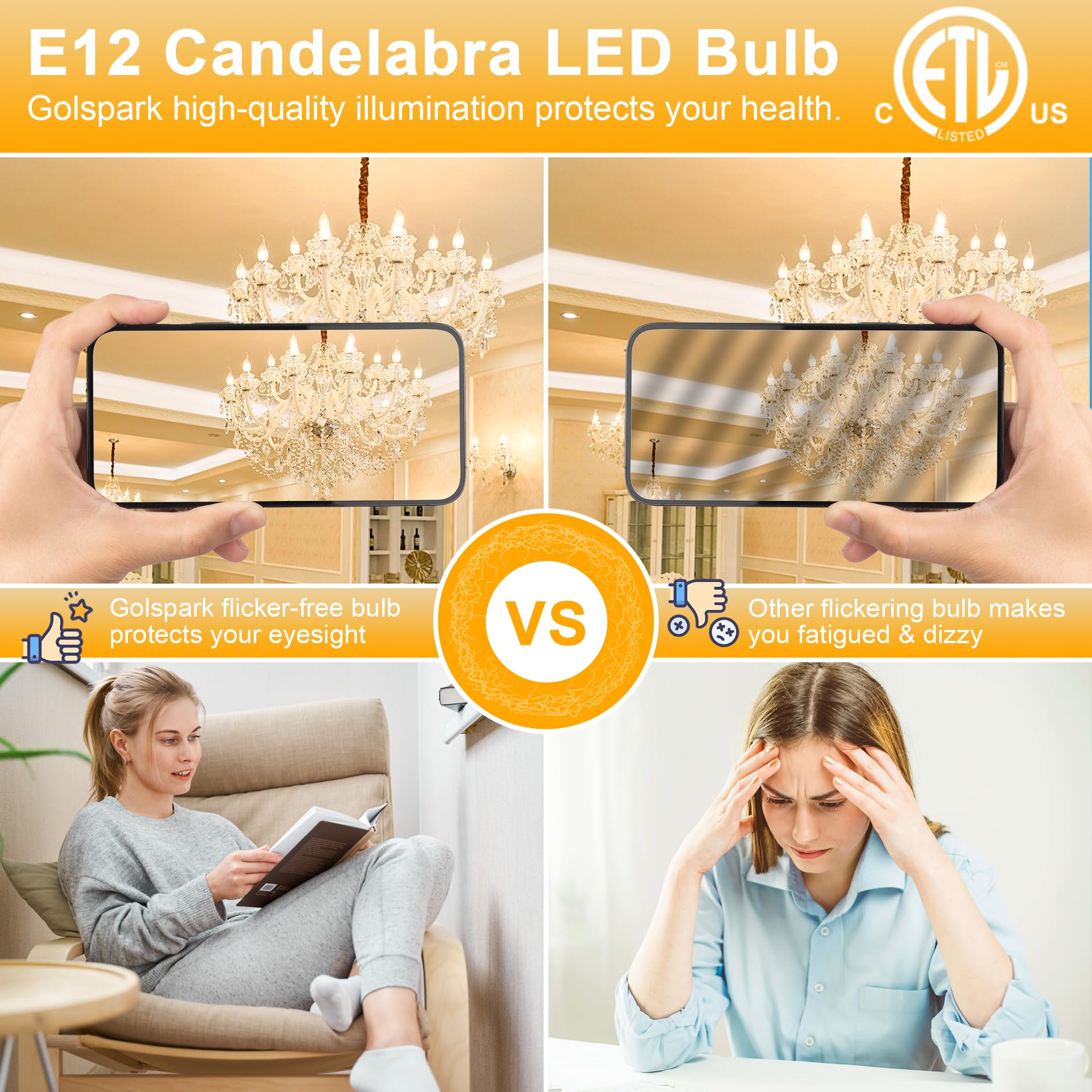 Golspark Candelabra Led Light Bulbs 60W Equivalent, 3000K Soft Light Dimmable Candelabra Bulbs, E12 Led Bulb 4W 500Lm Cri 85 Fla