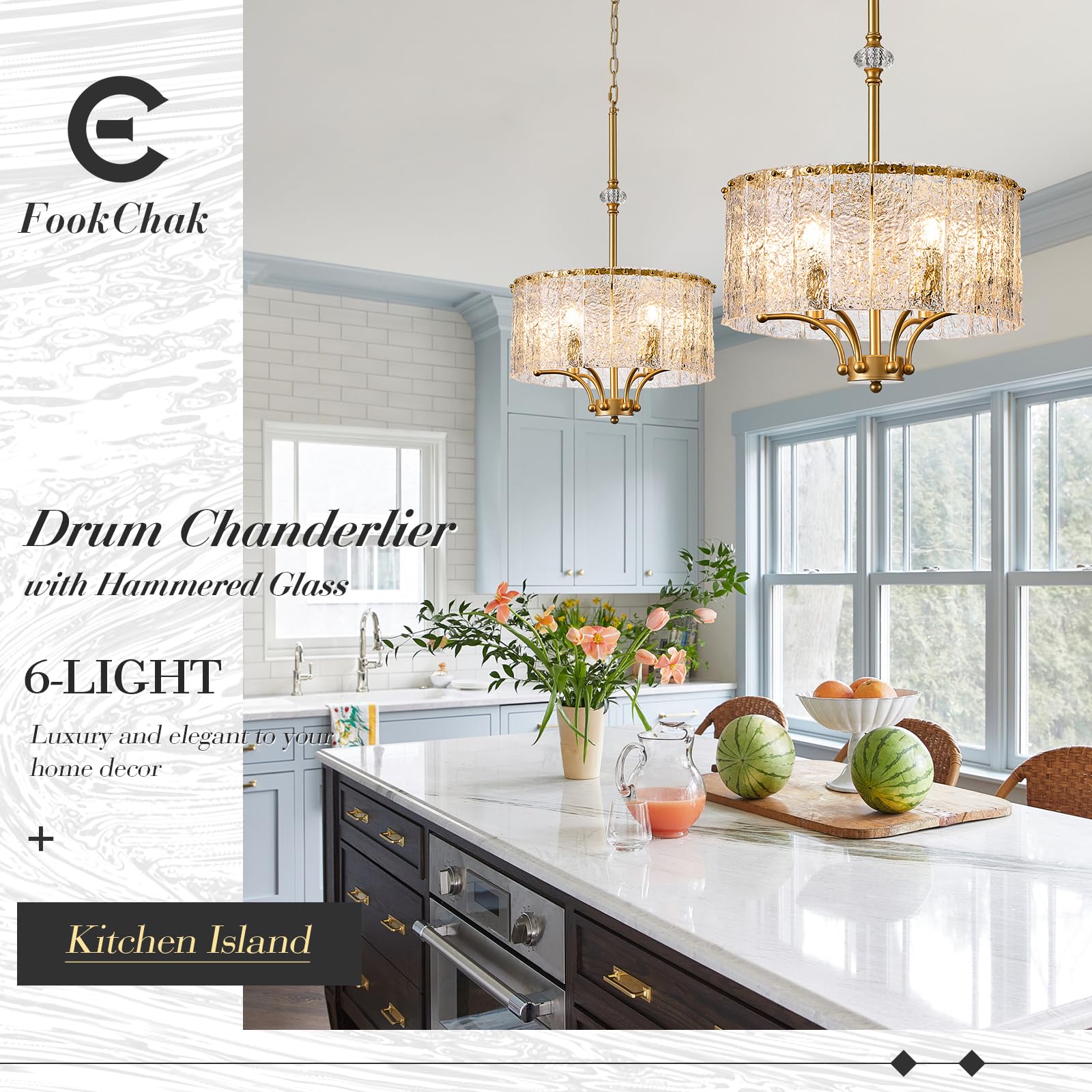Fookchak Gold Round Chandelier 18In Glass Drum Chandelier Light Fixture 6-Light Hammered Crystal Ceiling Pendant Light For Kiche