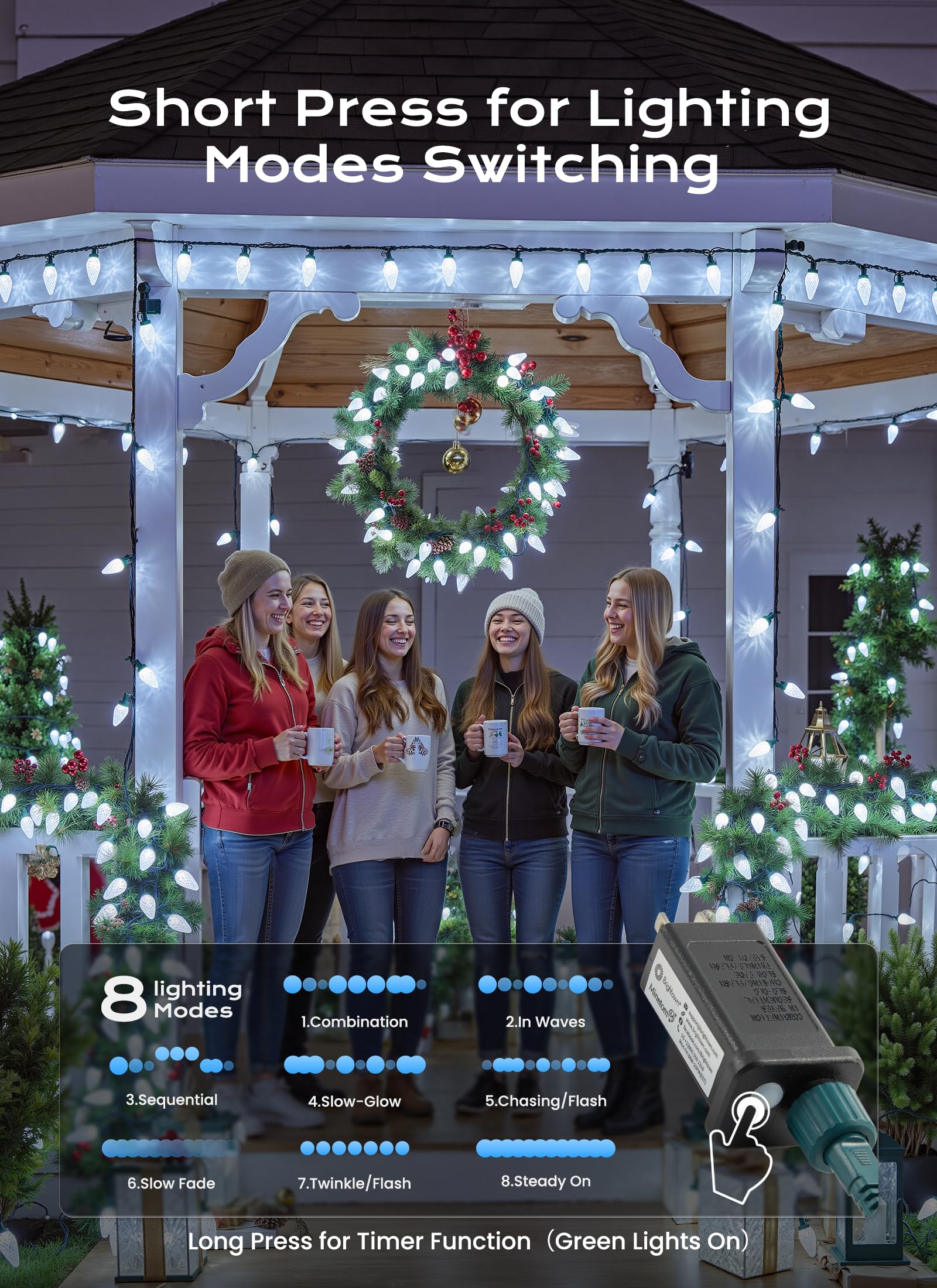 C9 Christmas Lights Outdoor  66 Ft 100 Led Connectable C9 String Lights With 8 Modes And Timer Extendable Xmas Tree Patio Roofline Garden Yard Holiday Party Indoor Outdoor Decoration  White