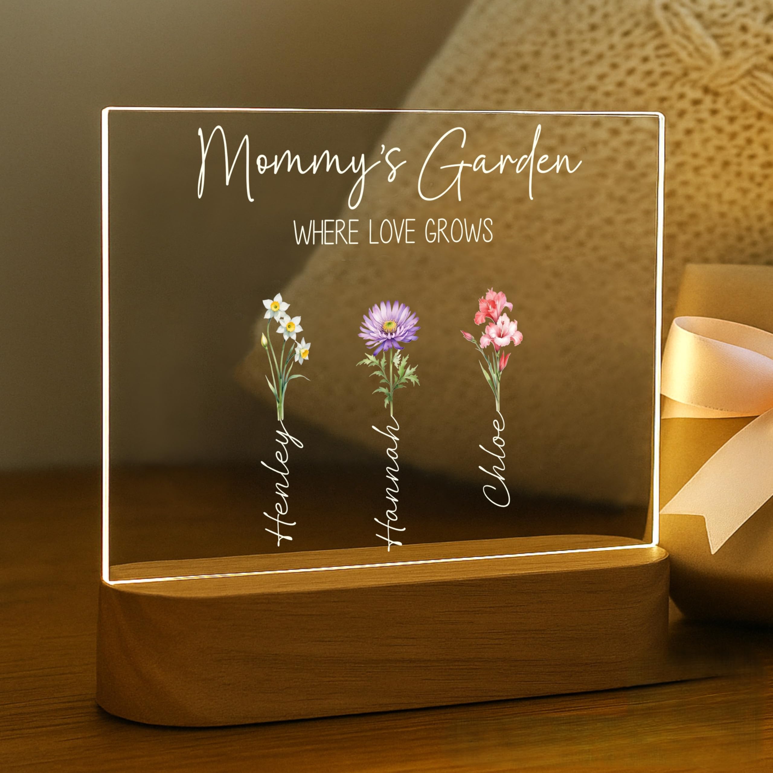 Grandmas Garden LED Night Light | Personalized Mothers Day Gifts for Mom | Customizable Lamp, Birth Month Flower Decor with 3 Na