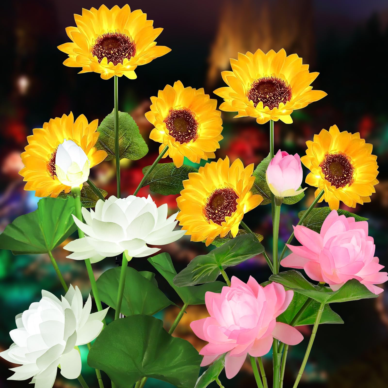 QINGYA Solar Flower Lights - 4 Pack Outdoor Waterproof Sun Powered Lotus Sunflowers Landscape Decorative Glowing Lights for Yard