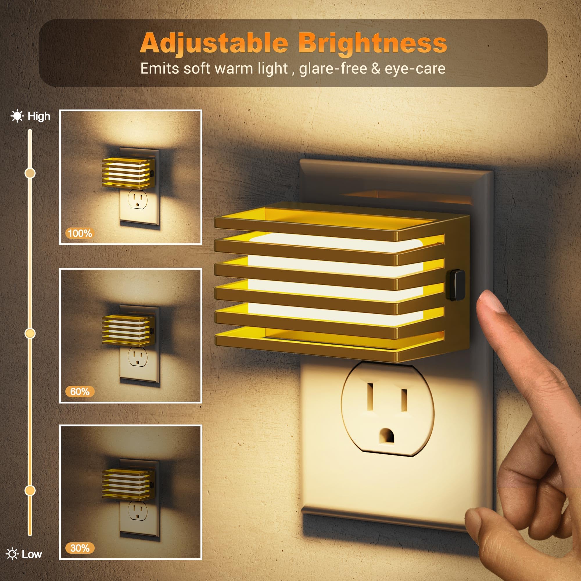 JandCase LED Night Light, Dimmable, 3000K Soft White, 2 Pack, Warm Gold Shade