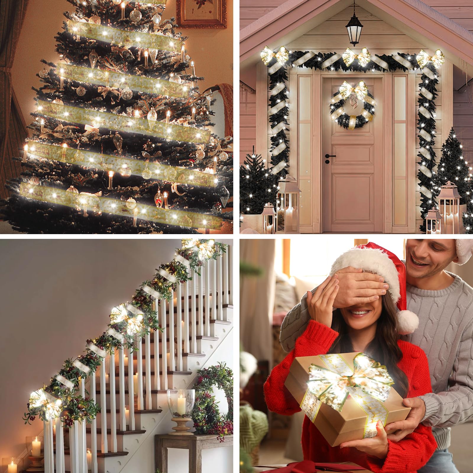 Kproe Christmas Tree Decorations, 64Ft 200 Led Christmas Tree Copper Wire Ribbon Bows Lights With 8 Lighting Modes, Battery Oper