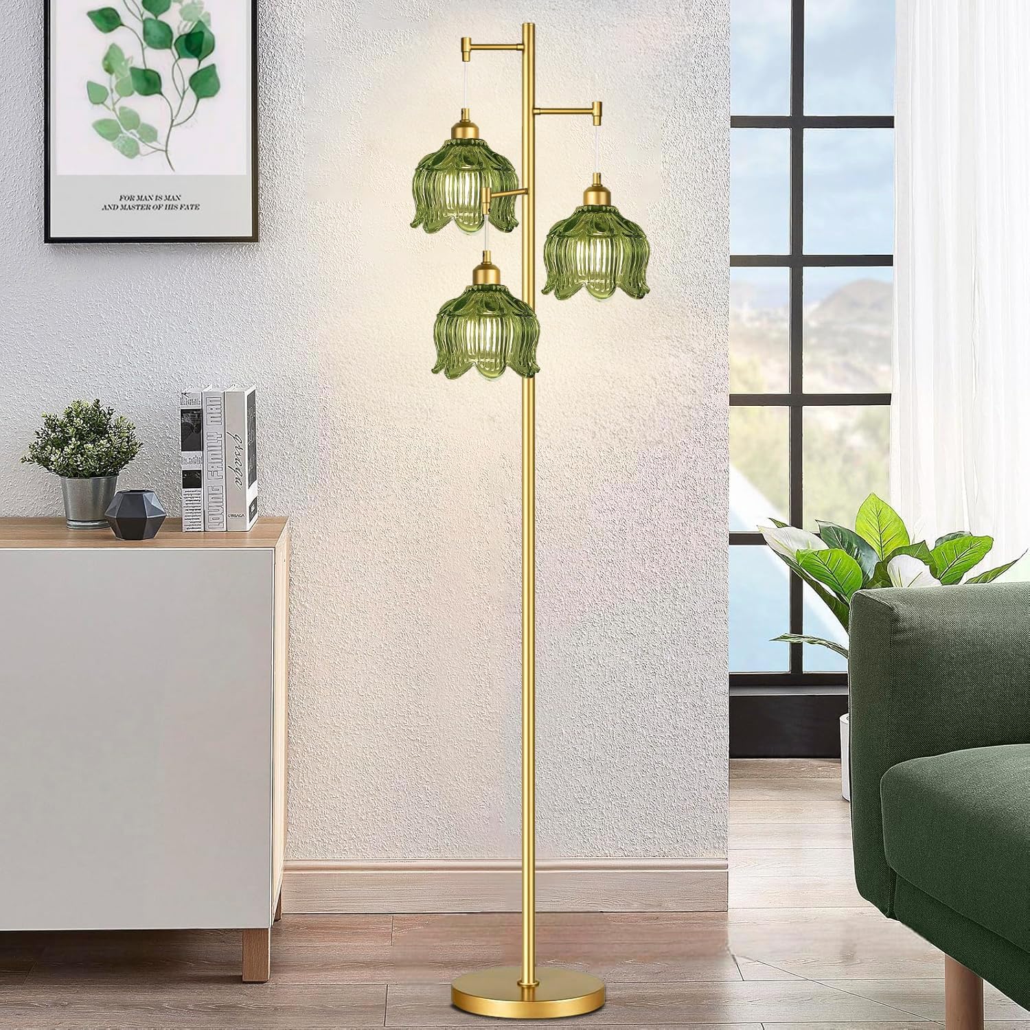 QIYIZM Gold Floor Lamp - Mid Century Modern 3-Light Metal Standing Lamp, 23" Tall, Vintage Retro with Green Glass Flower Shade