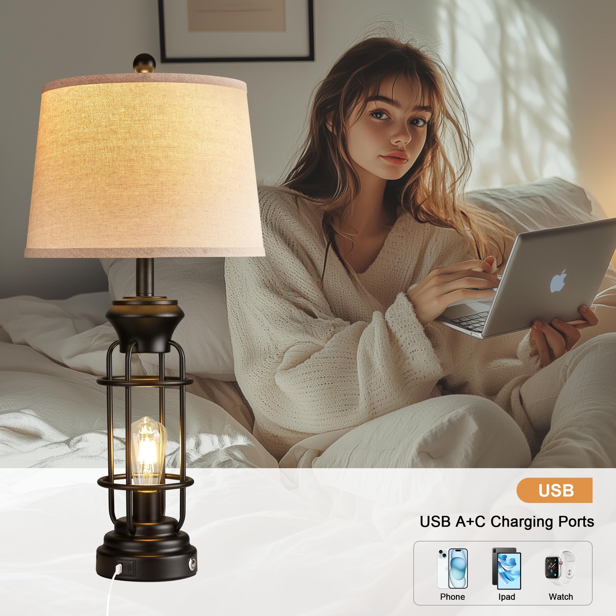 Bzzmmb Black Table Lamps Set Of 2, 28.5'' Farmhouse Lamps For Living Room With Usb C+A Ports, Touch Lamps For Bedroom, Led Bulbs