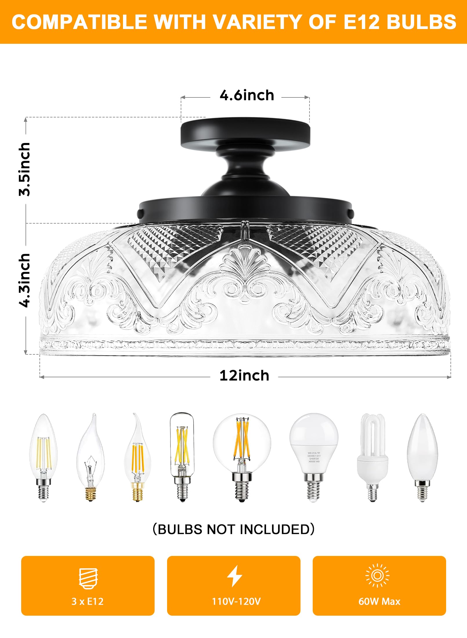 Slypadan Semi Flush Mount Ceiling Light, 12 Inch Large Gold Ceiling Light Fixture, 3-Light Globe Glass Farmhouse Kitchen Lightin