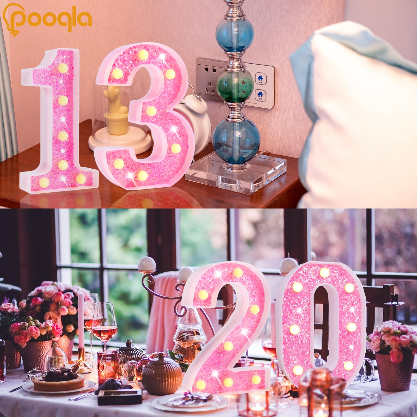 Pooqla Marquee Numbers Lights, Light Up Numbers Battery Powered, Glitter Lighted Numbers For Birthday Party, Shiny Led Numbers For Party For 10Th Birthday Anniversary Decoration, Pink Number 10