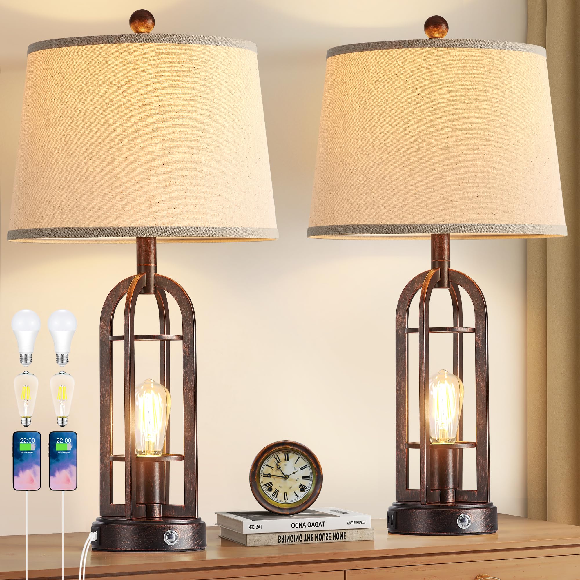 Srjja Farmhouse Table Lamps For Living Room Set Of 2, Industrial 3-Way Dimmable Touch Bedside Lamps With Usb A+C For Nightstand 