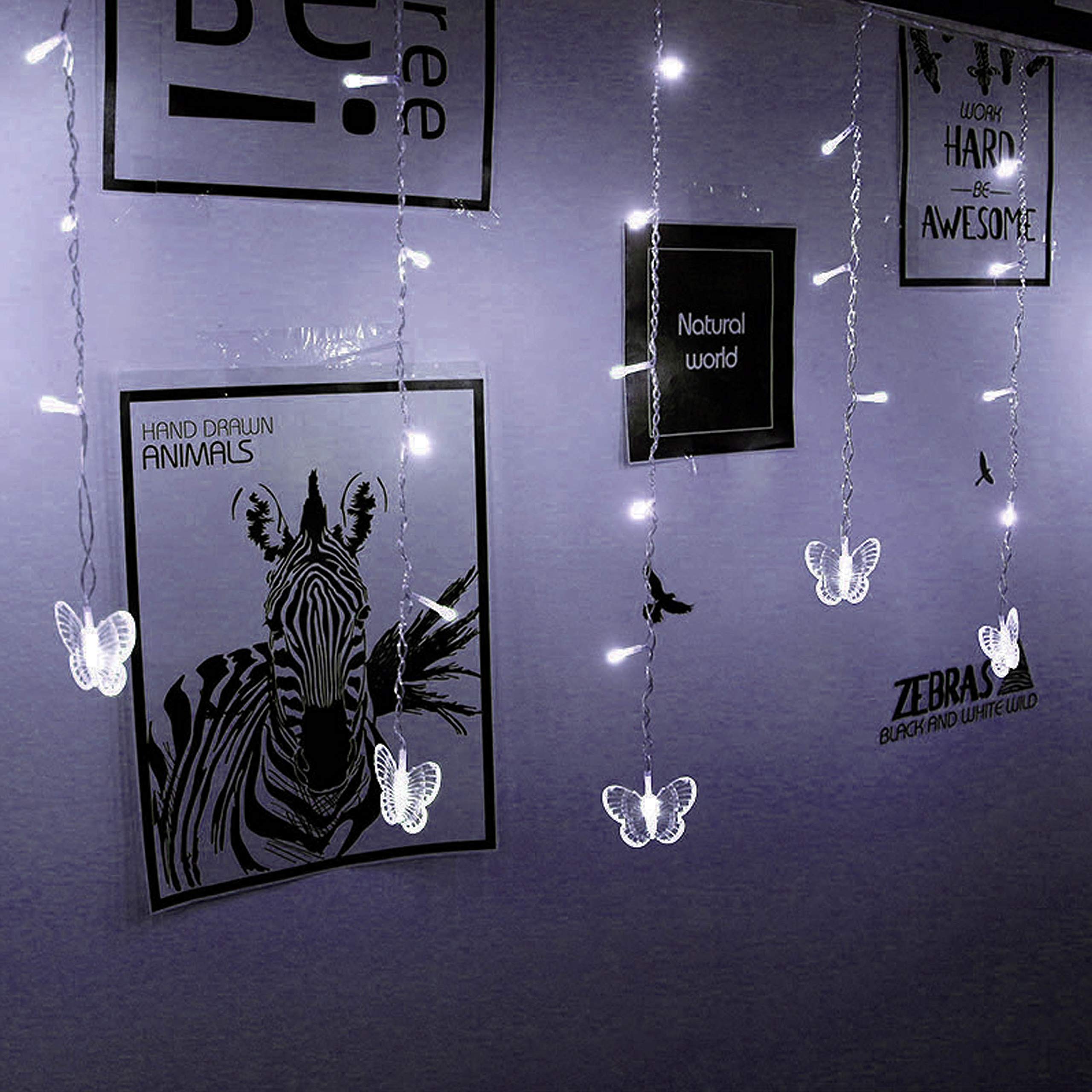 Decorman Butterfly Curtain Lights, 13ft, 96 LED, Cool White, USB, 8 Modes, Model CLD-B-R-001