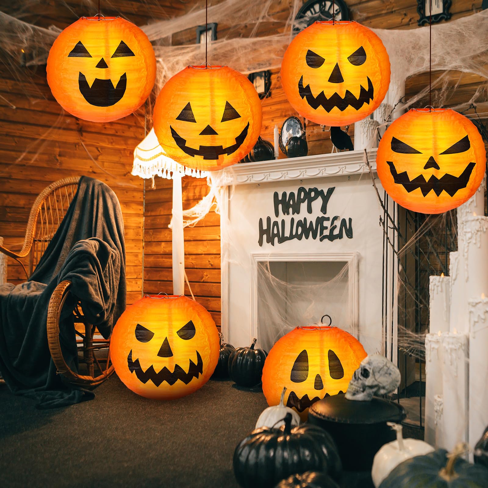 Retisee Halloween Pumpkin Lanterns - 20 Pcs 8 Inch Orange Paper Jack O' Lanterns for Indoor/Outdoor Decor