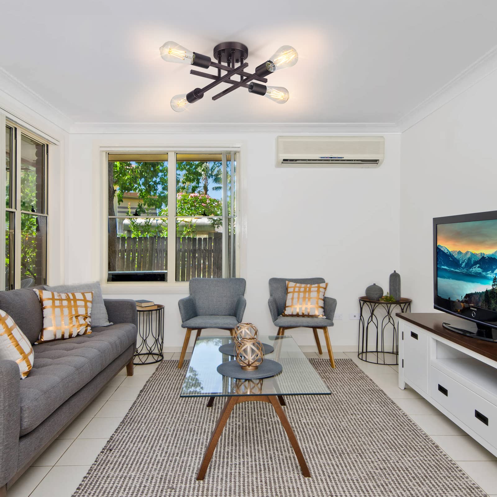 Sunrider Industrial 4-Light Semi Flush Mount Ceiling Light Fixture, Bronze Farmhouse Ceiling Lights, Rustic Metal Sputnik Chande