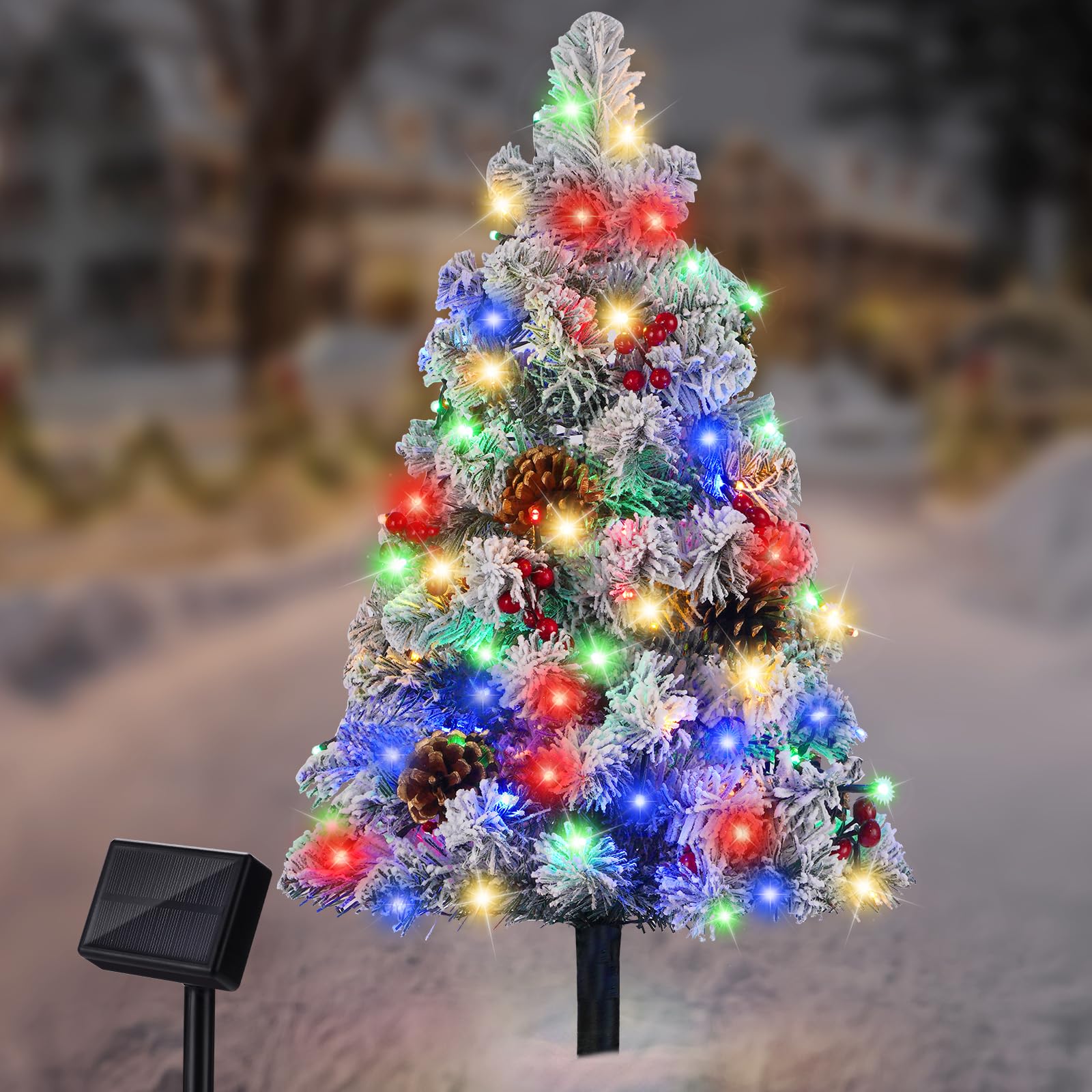 Brightever 3Ft Solar Outdoor Christmas Tree  68Led Snow Flocked Solar Cemetery Christmas Decorations With 8 Lighting Modes  Pine Cones  Berries  Xmas Outside Decor For Grave Pathway Patio  Multicolor