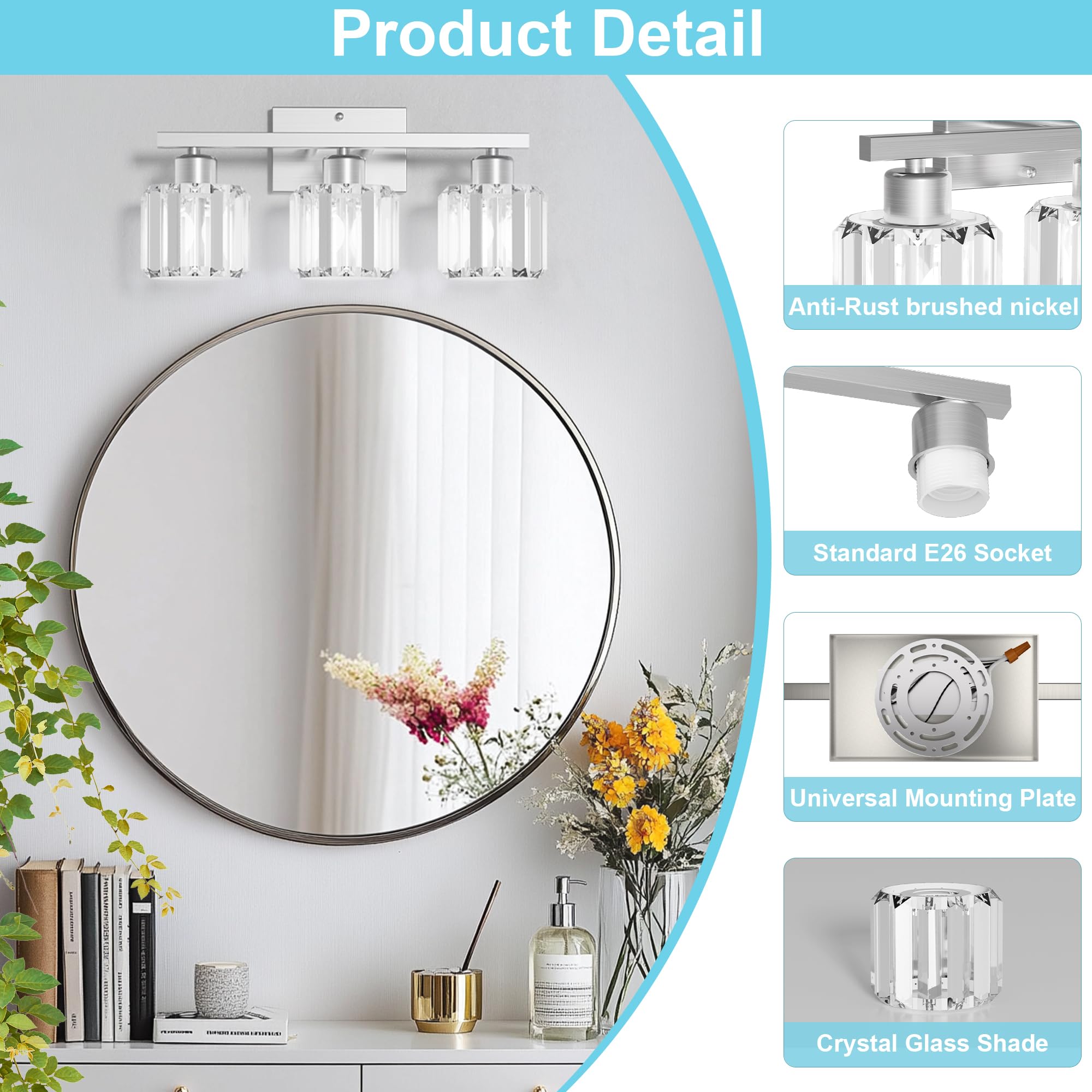 Golspark 3 Light Crystal Bathroom Vanity Light Fixtures Over Mirror  Brushed Nickel Modern Vanity Lighting Fixtures  Wall Sconce Bath Wall Light E26 Base Round Crystal Shades (Exclude Bulb)