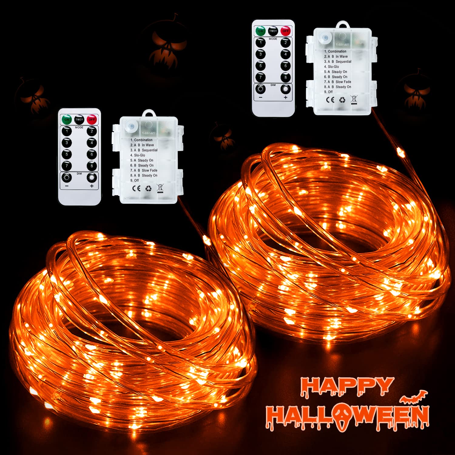 JMEXSUSS 2 Pack Orange Rope Lights Battery Operated Halloween Lights Outdoor Waterproof, Each 33 ft 100 LED Halloween String Lig