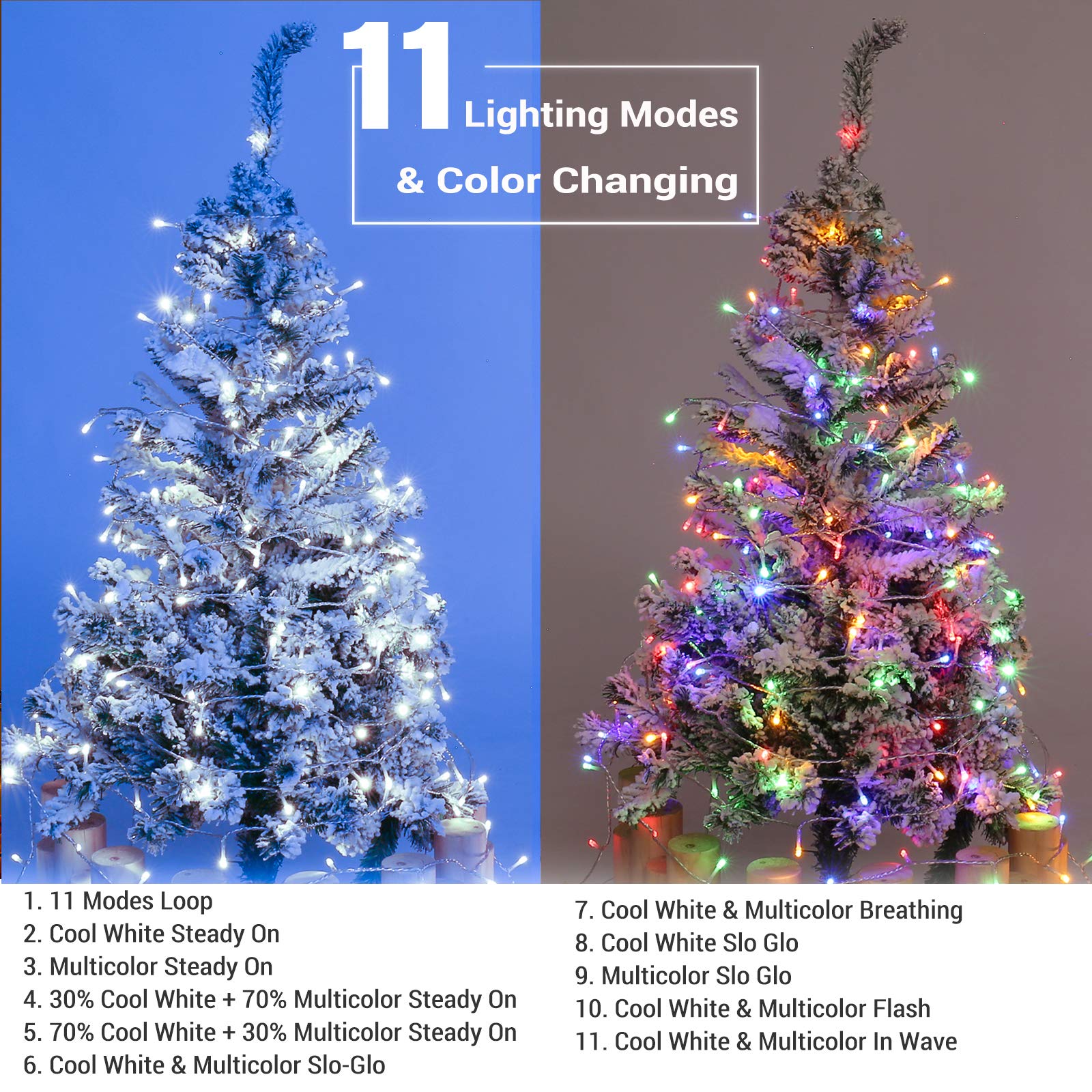 Brizlabs Cool White & Multicolor Christmas Lights, 180Ft 500 Led Color Changing String Lights, 11 Modes Christmas Tree Lights Wi