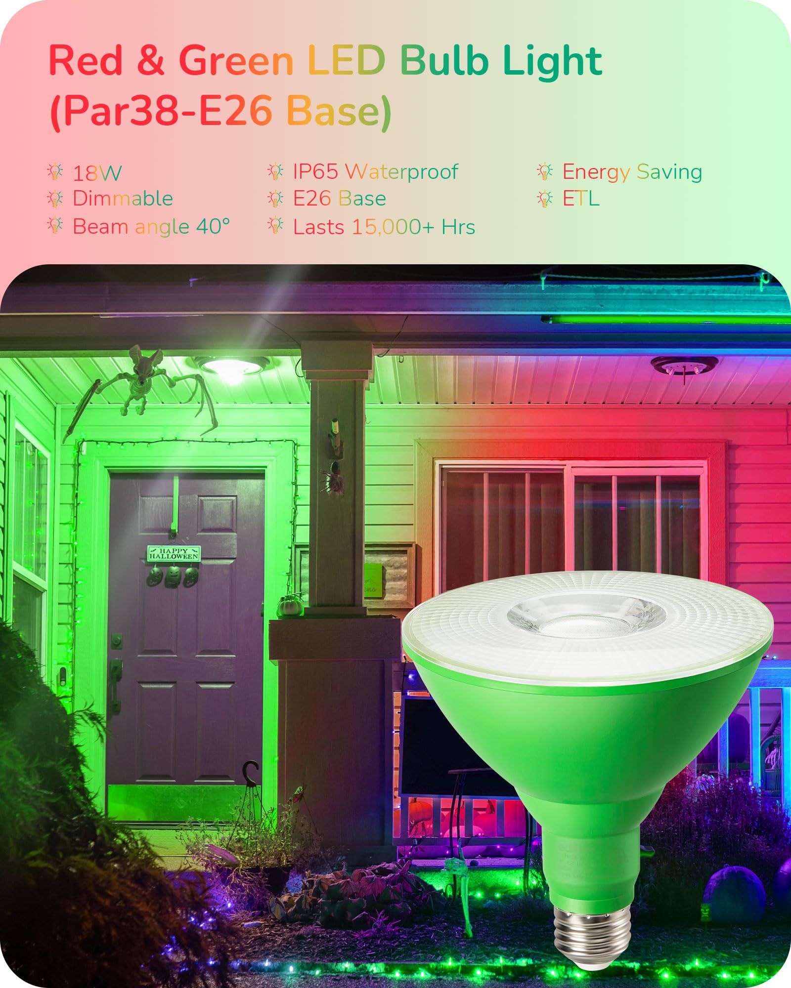 Edishine Par38 Red & Green Led Flood Light Bulbs Outdoor, Dimmable Red Green Led Light Bulb, 18W(120W Equivalent), Flood Lights