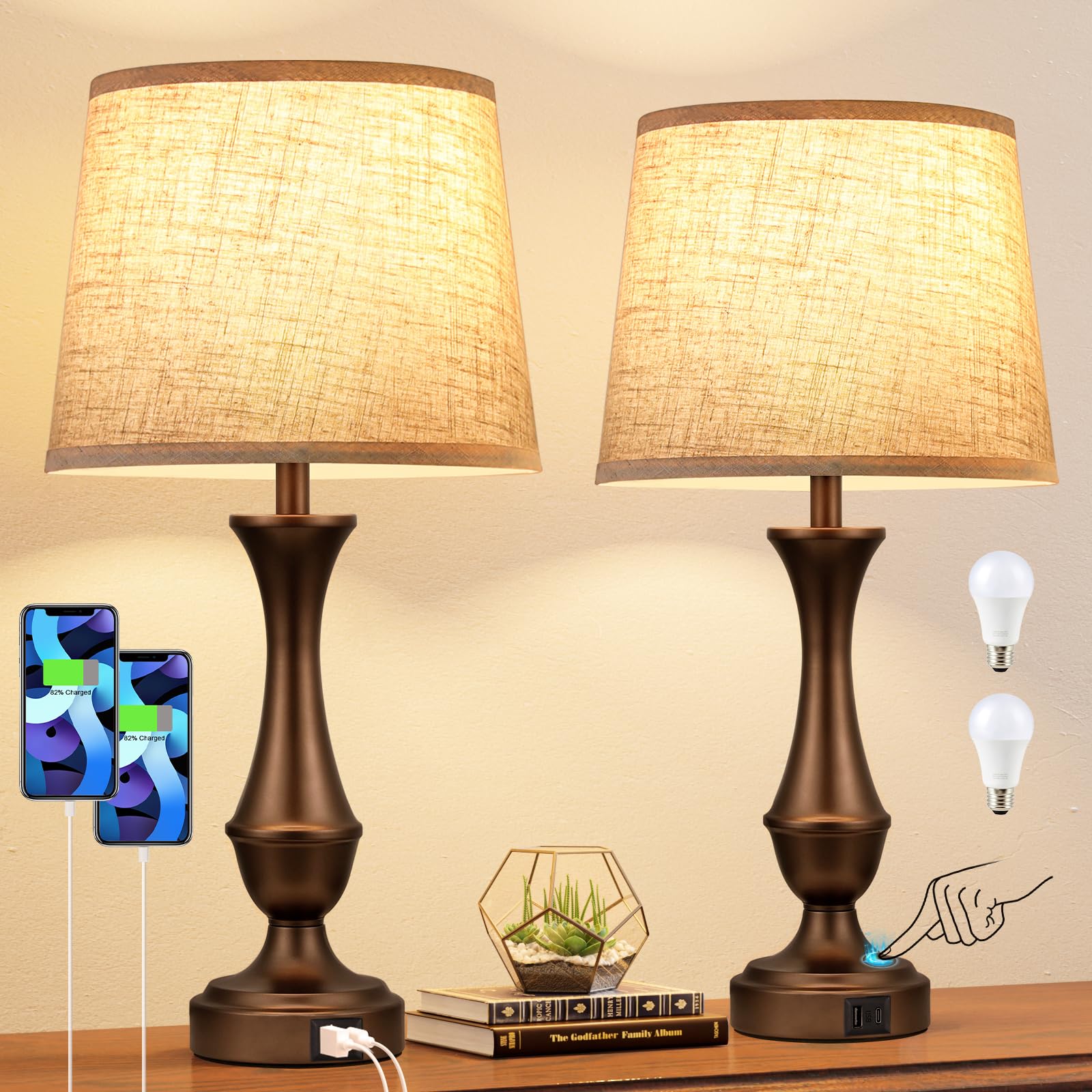 Seealle Upgraded Touch Lamps for Night Stands Set of 2 - Bedside Lamps with USB C+A  3 Way Dimmable for Bedroom Living Room End Tables Office (Beige& Brown)
