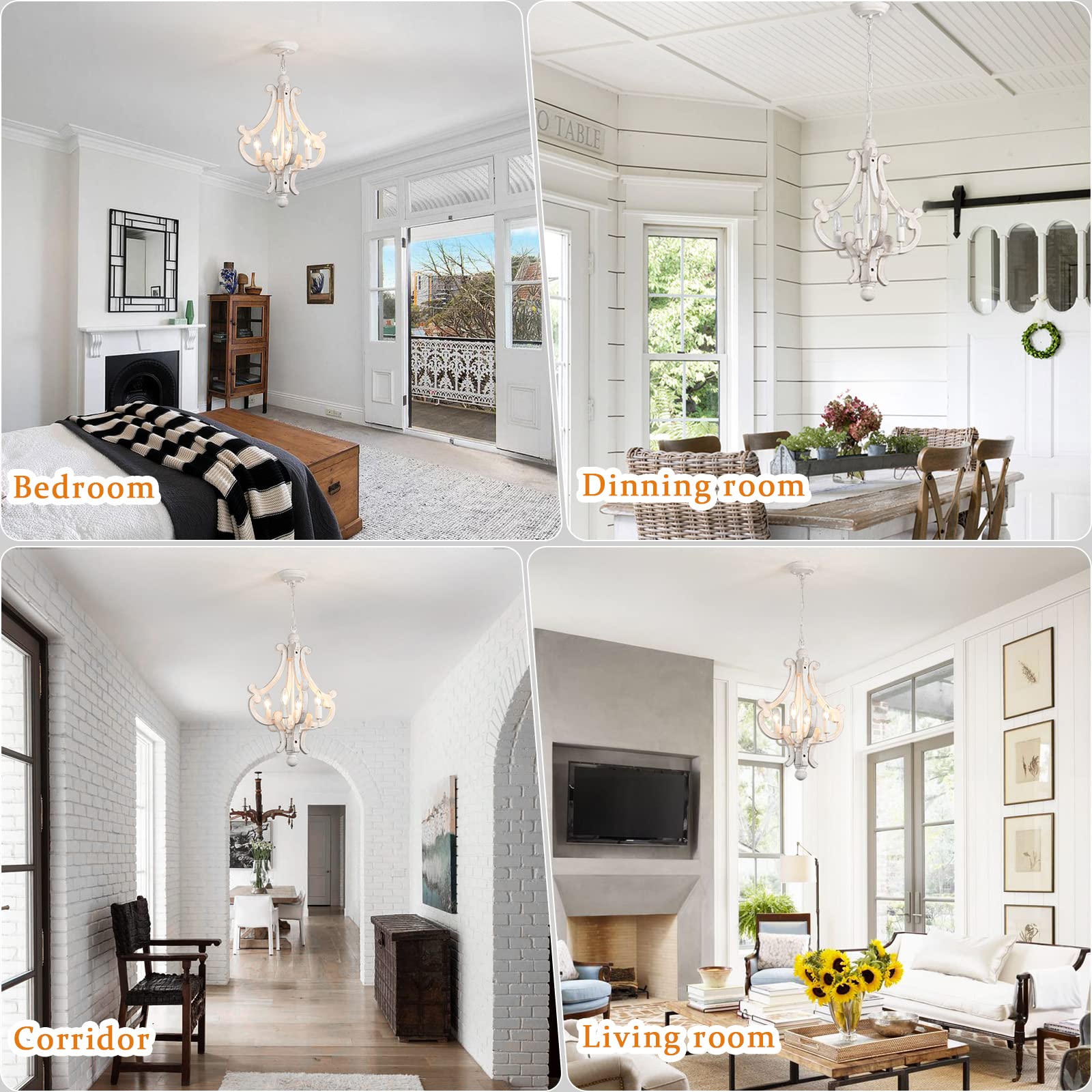 Wooden Farmhouse Chandelier 4 Lights Rustic Antique White Chandelier For Dining Room French Country Chandelier Orb Pendant Light Fixtures Hanging For Kitchen Living Room Foyer Bedroom Entryway Hallway