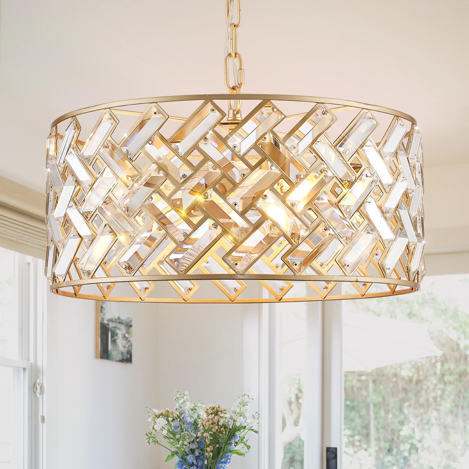 Catiner Gold Crystal Chandelier Modern 18" Round Semi Flush Mount Ceiling Light For Dining Living Room Bedroom & Foyer - Large Round Pendant Fixture