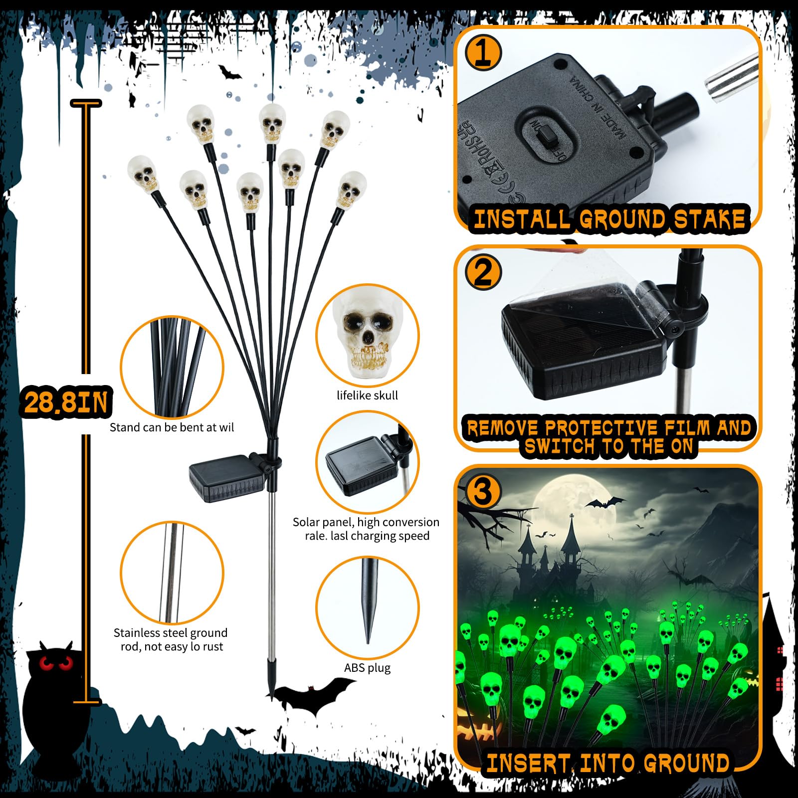 2Packs Halloween Decorations Outdoor Scary Solar Skull Lights,16Led Green Skull Swaying Firefly Lights,Waterproof Solar Halloween Path Lights For Yard/Garden/Lawn/Party Decor (Skull)