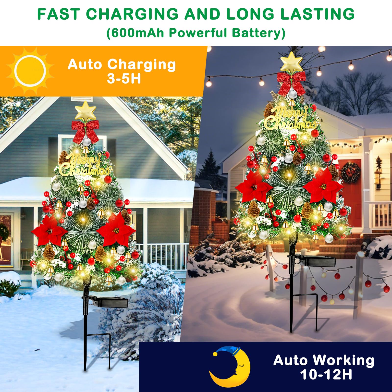 Mukum 32 Solar Xmas Tree Lights - 2 Pack, Waterproof LED Outdoor Decorations with Pinecones, Star & Bells, Yellow Light - 2 Modes for Garden