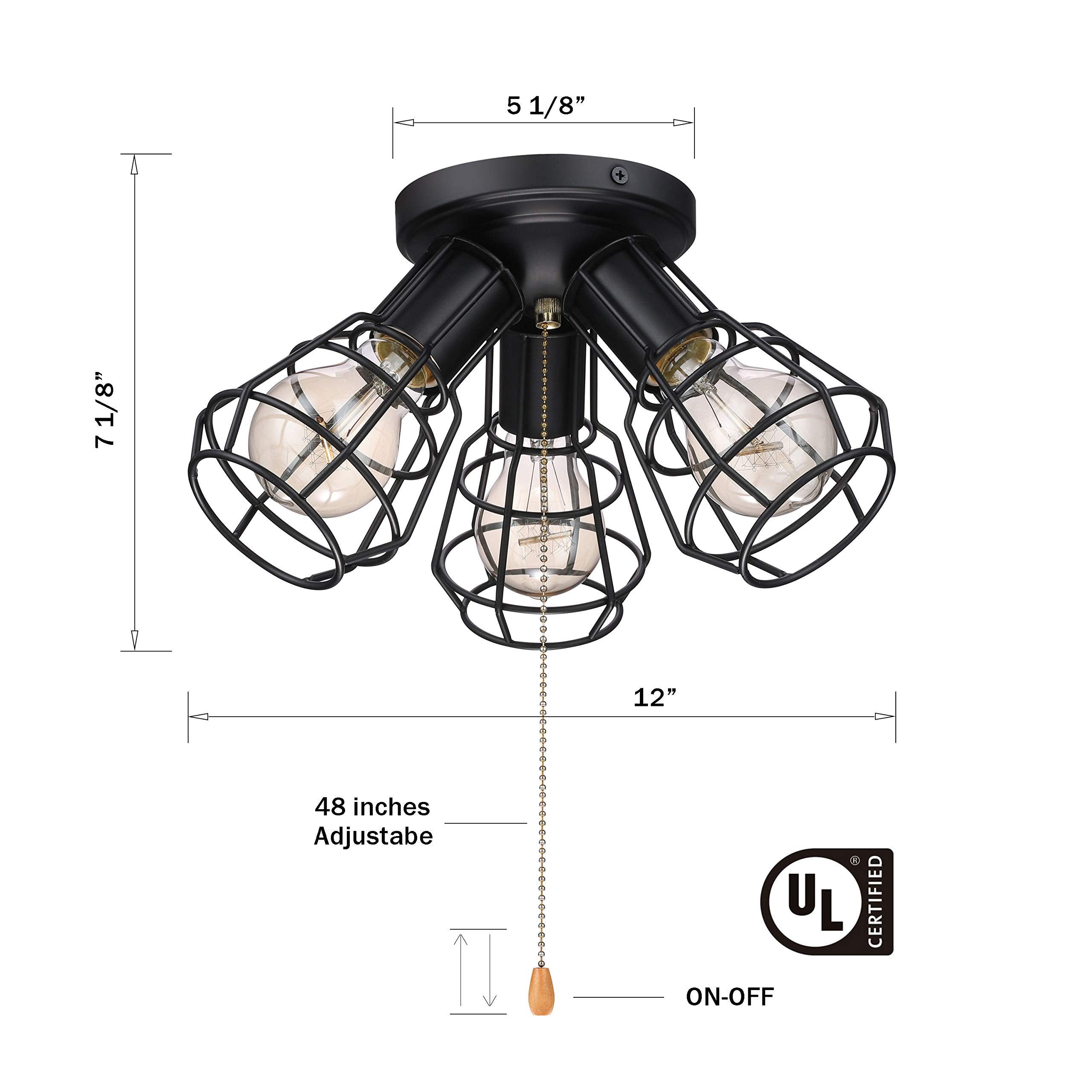 SPACETHREE 3-Light Industrial Semi Flush Mount Ceiling Light, Oil Black Metal Wire Cage, Model CL1902-3BK, 12 Inch