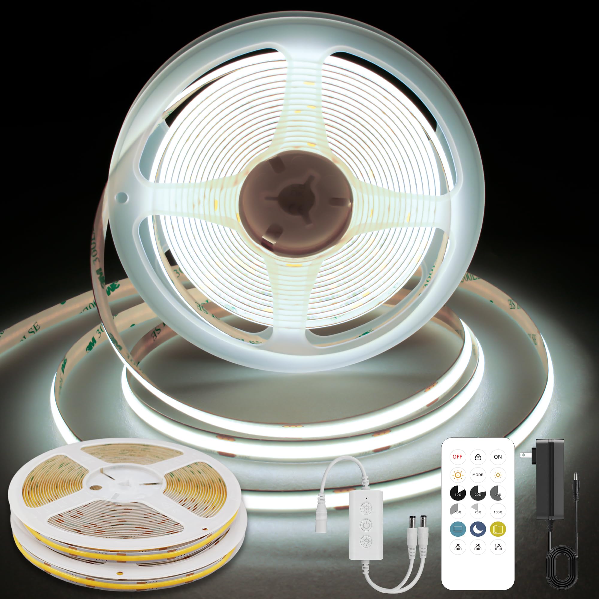 Pandery COB LED Strip Lights, 32.8FT, 24V Dimmable, Cool White 6000K, Cuttable FPC+CHIPS, Model PD-COB-