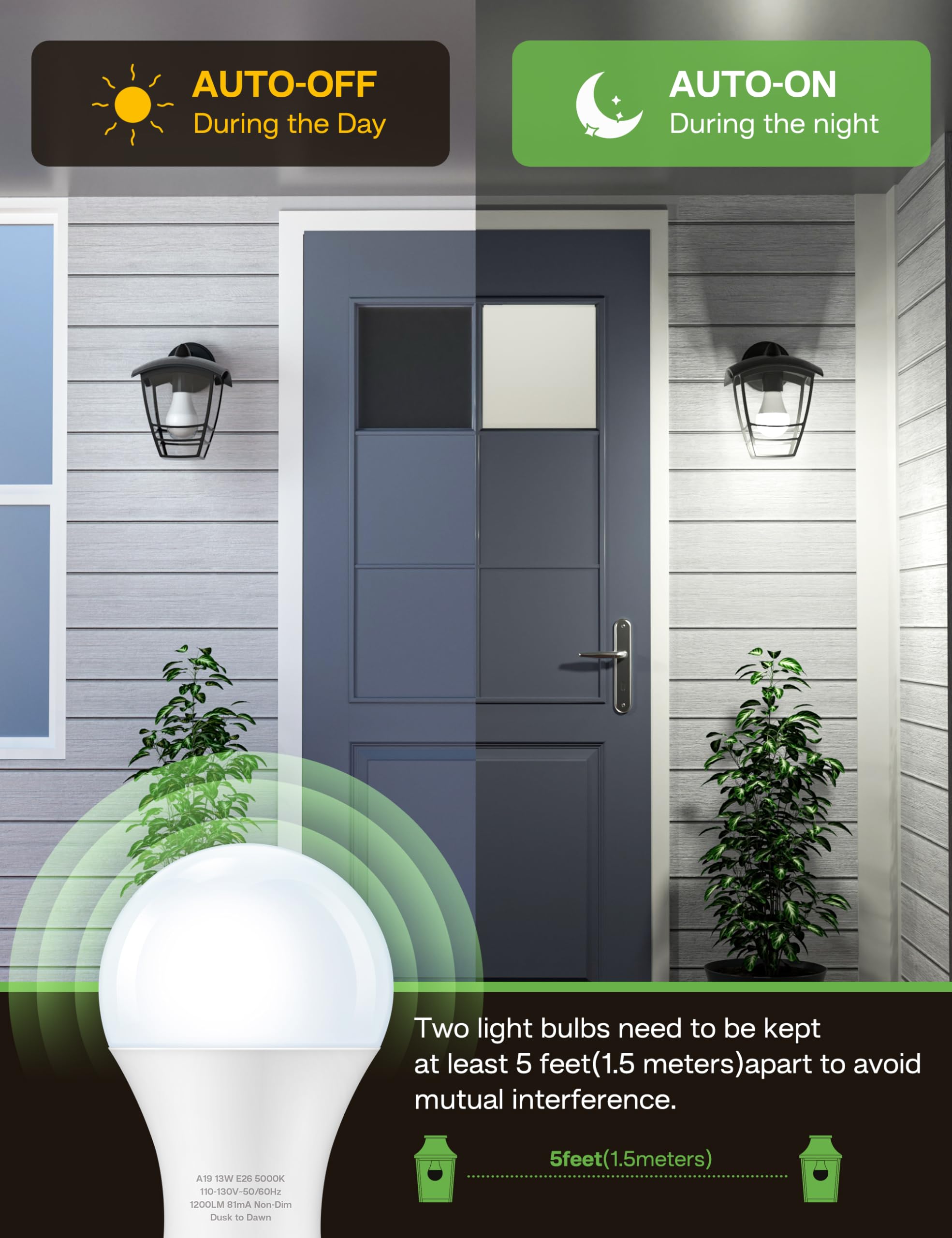 Eastiya Dusk to Dawn LED Outdoor Light Bulb, 13W (100W Equivalent), 5000K Daylight, 4 Pack, Plastic Coated Aluminum