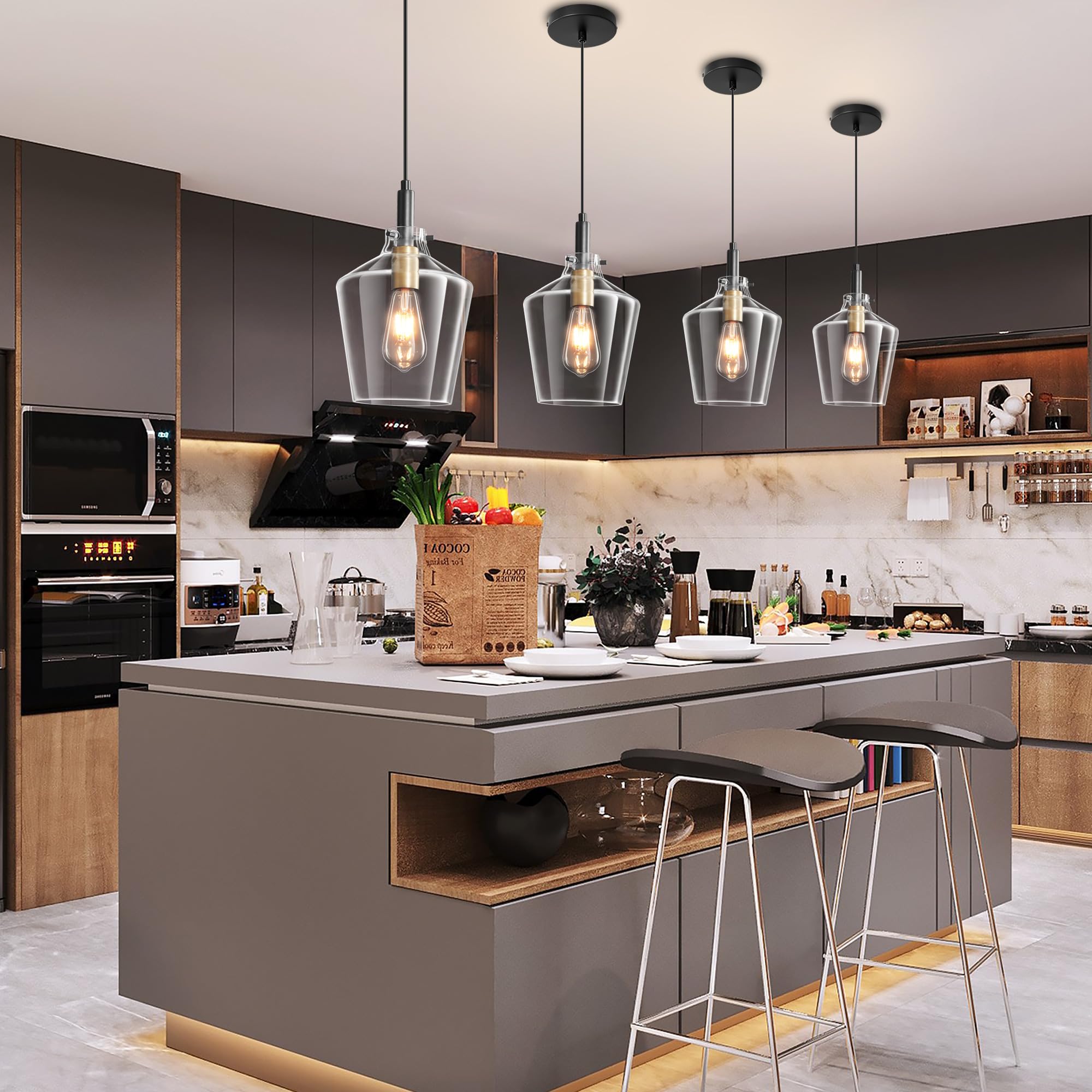 Vaziden Modern Glass Pendant Lighting, 2 Pack Adjustable Ceiling Lights, Black Gold with Clear Glass Shades, 8 Inch, Model 1508