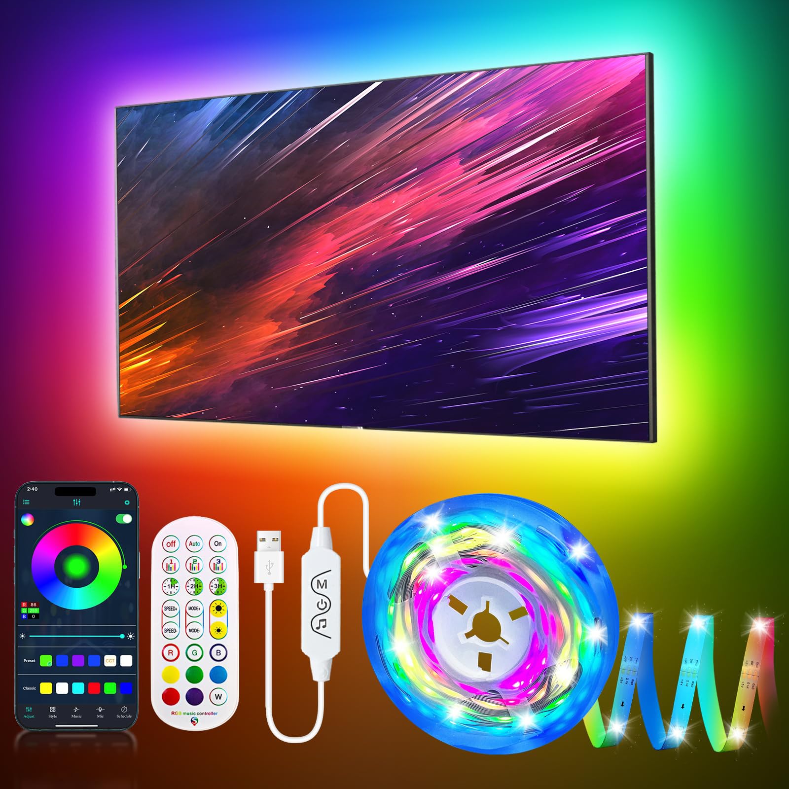 LED TV Backlight, 13.1ft RGBIC TV Backlight for 43-55 inch TV, Smart LED Light for TV with Bluetooth APP and Remote Control, Col