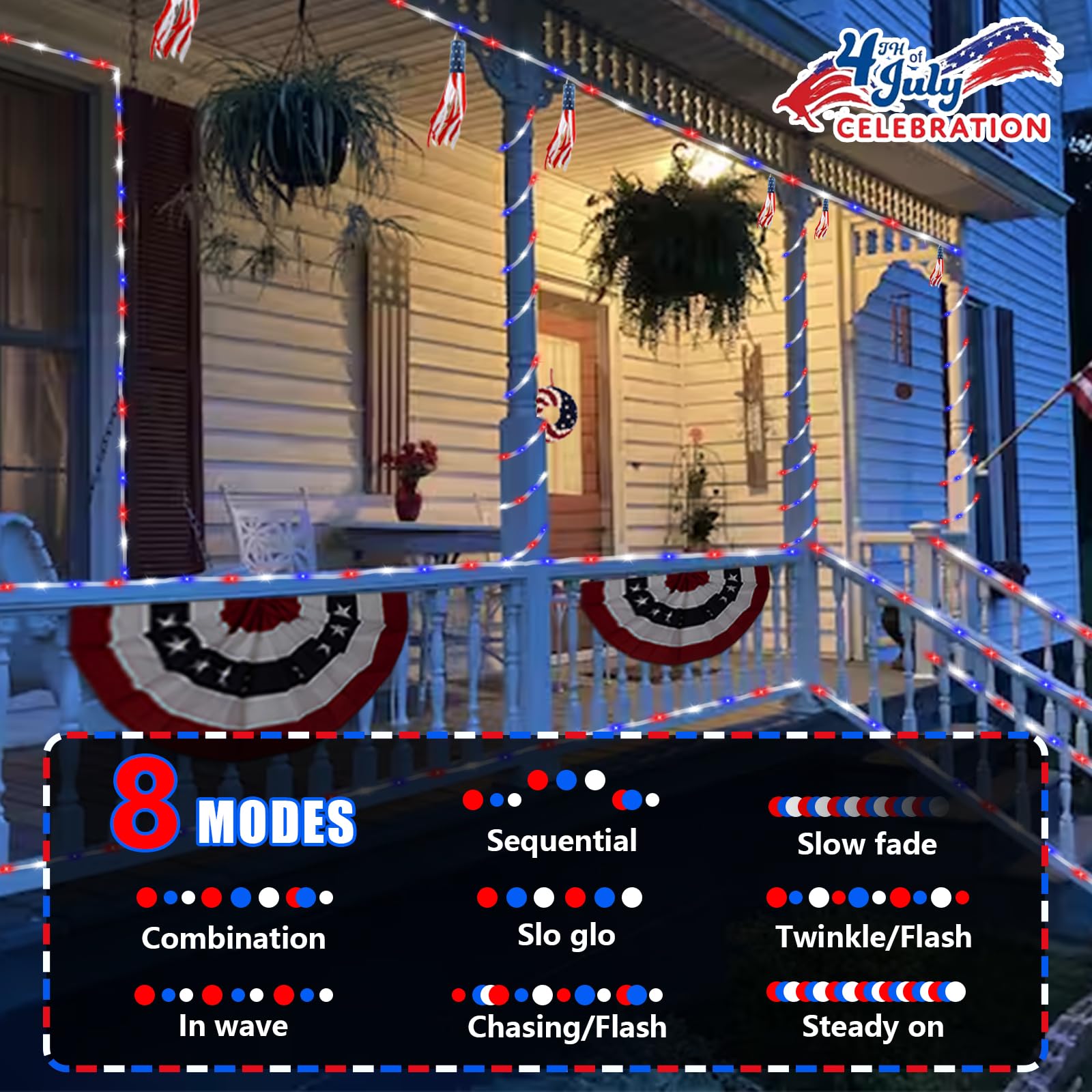 QITONG Solar Rope Lights, 2 Pack, 100 LED, 33ft Each, Red White Blue, 8 Modes, PVC Copper, Model 100-S-RL-RWB