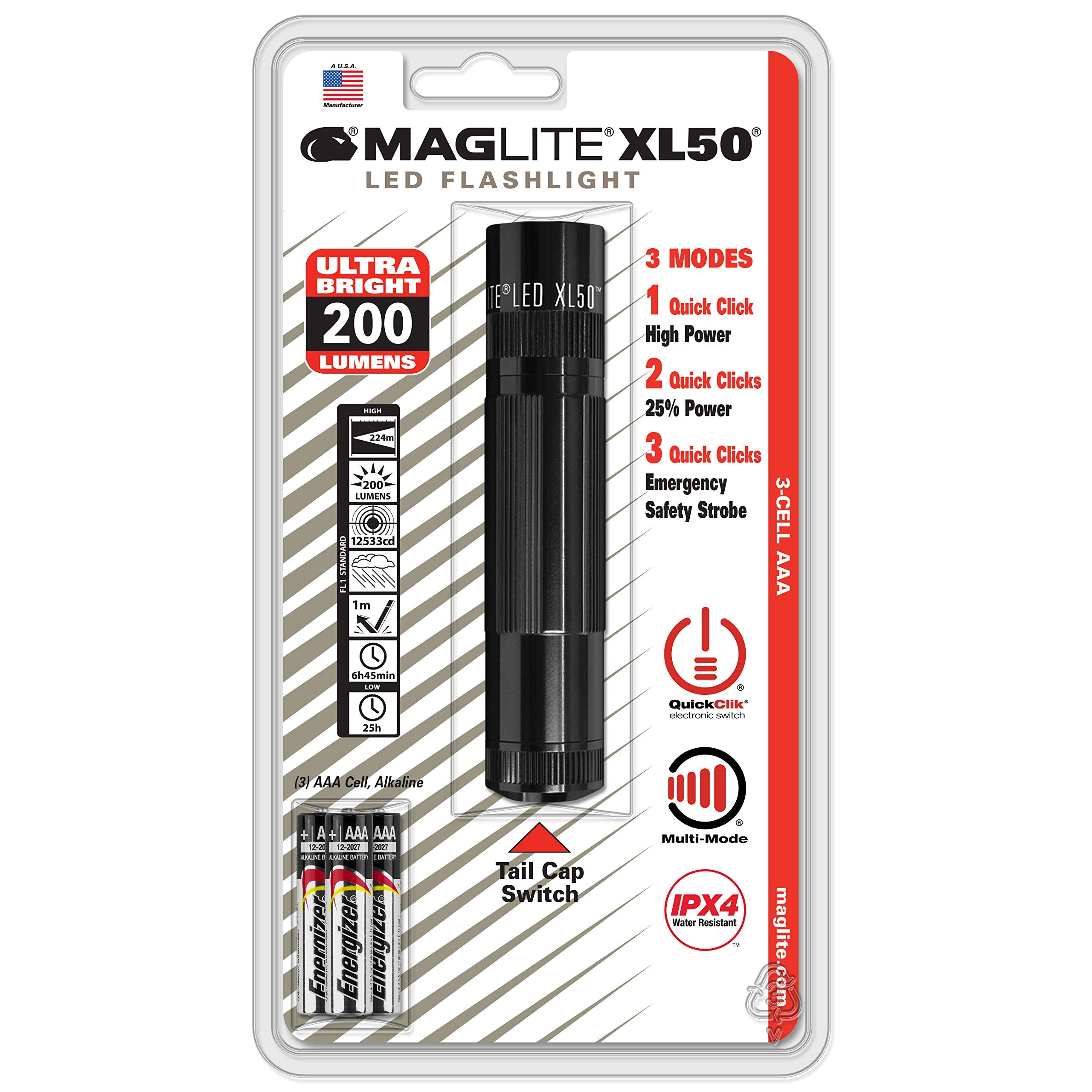 MagLite XL50 LED Flashlight, Black, 12cm, Aluminum, Model XL50-S3016K