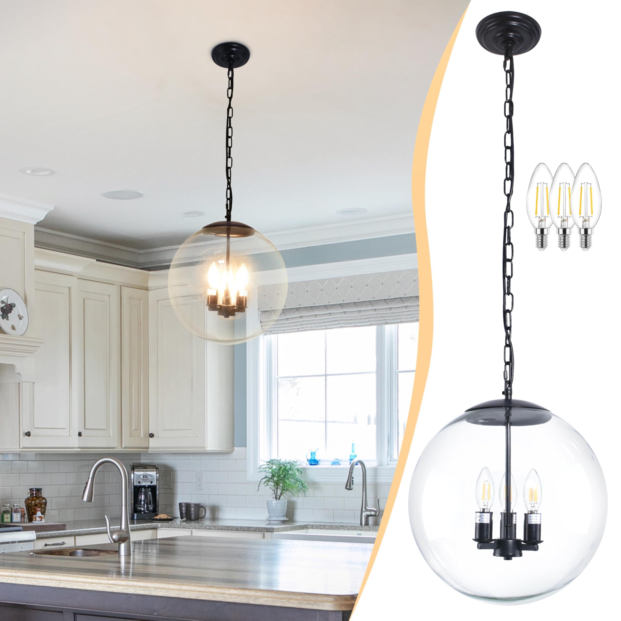 Koko&Yukina 13.7&quot; Black Globe Pendant Light, Clear Glass, Adjustable For Dining Room & Kitchen