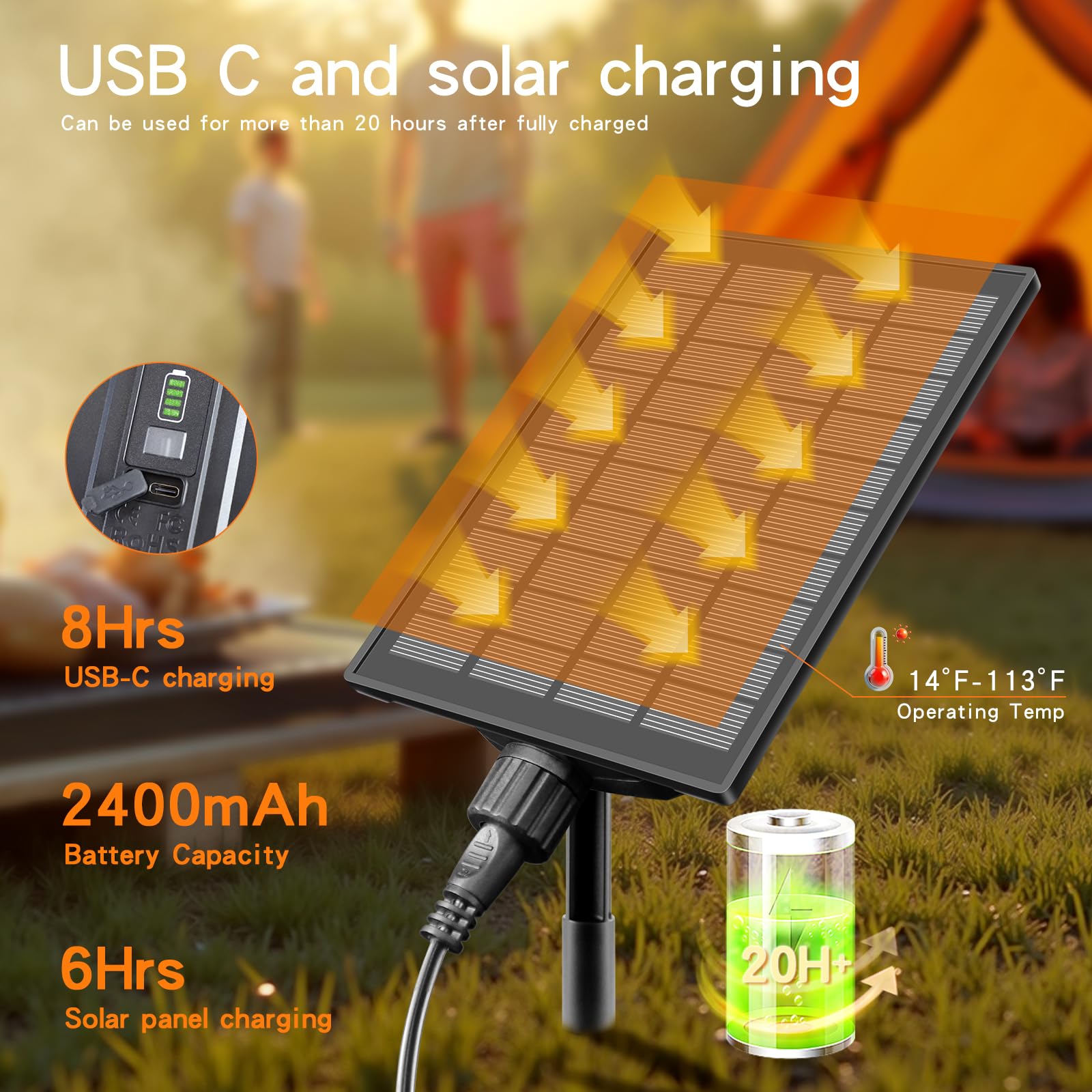 HONEYYEAR Solar String Lights 63FT Waterproof with USB Port & Remote Control, Dimmable LED Shatterproof Bulbs, White, Model ZM-BR24L-2