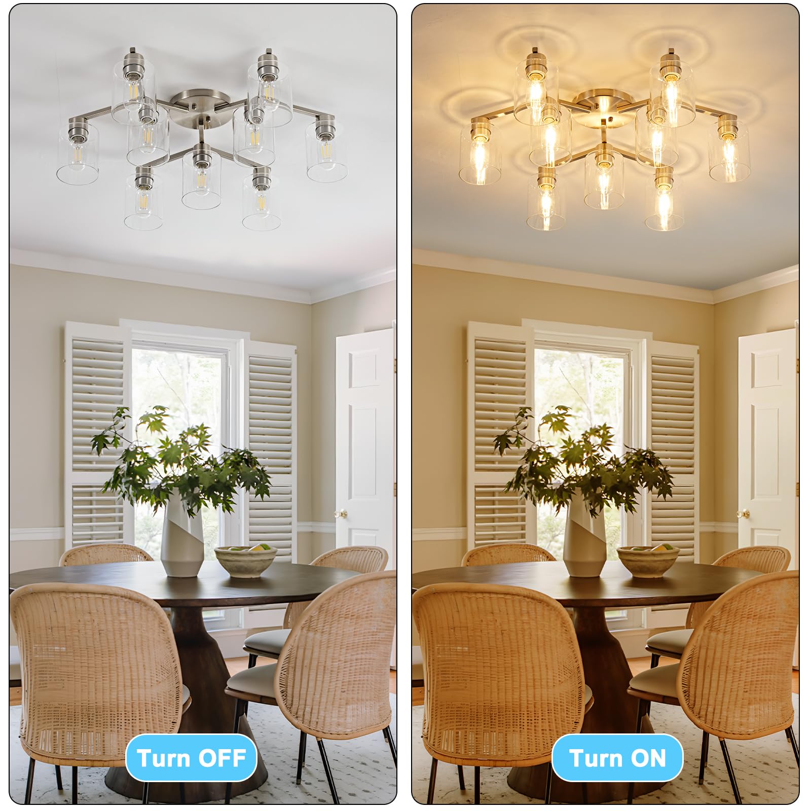 Diduio Brushed Nickel 9 Light Dining Room Ceiling Light Fixture Large Semi Flush Mount Ceiling Light Fixture Kitchen Lighting Fixtures Ceiling Light For Living Room With Clear Glass Shades