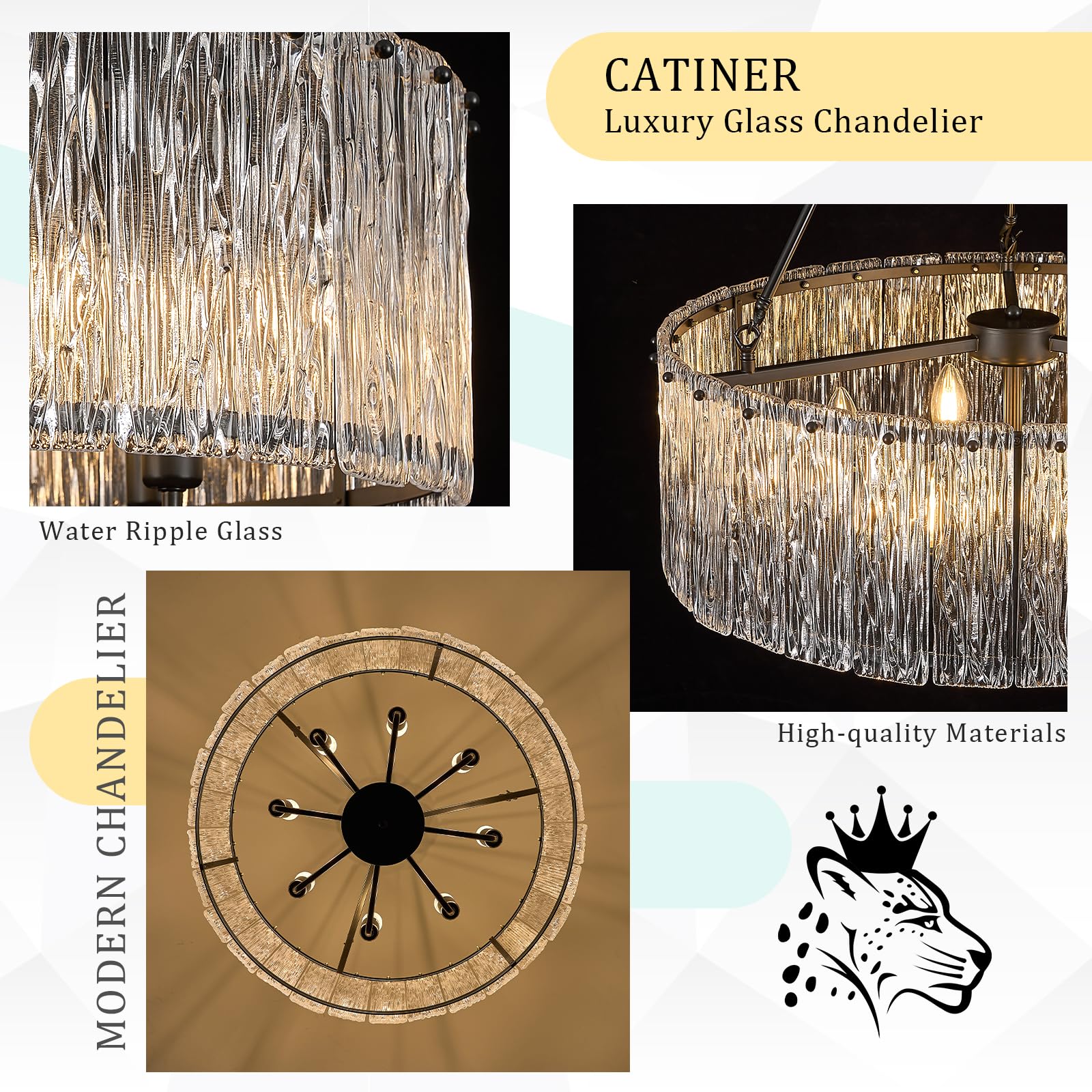 CATINER Modern Drum Chandelier 8-Light Pendant Lighting Fixture, 24.4” Black Glass for Dining Room, Foyer, Living Room, Bedroom