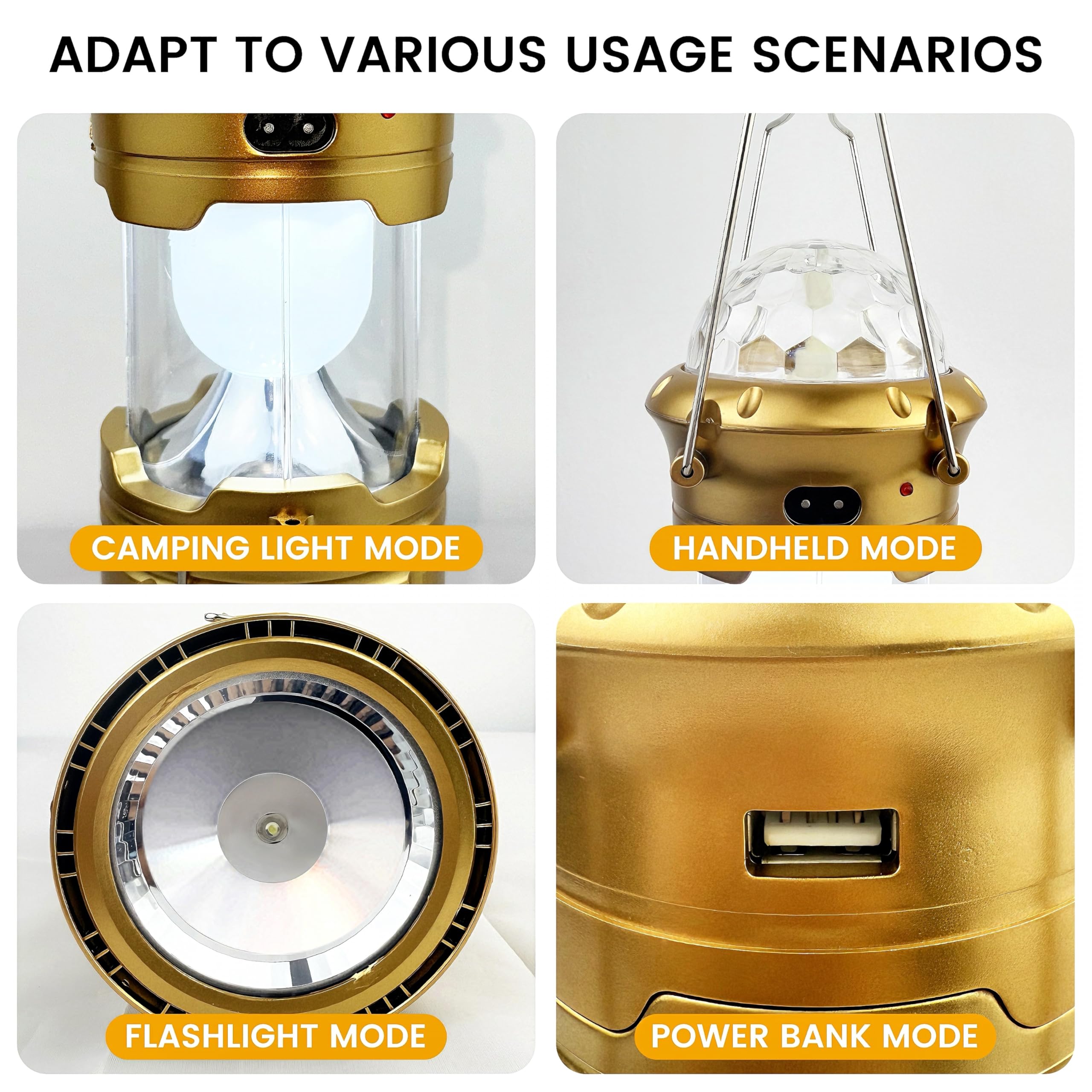SZJIEIFR LED Camping Lantern, Waterproof, Rechargeable, RGB, Gold Model