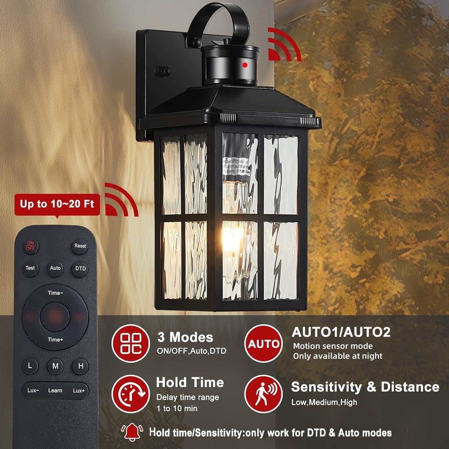 YJXGDIL Outdoor Porch Lights with Remote Control, Motion Sensor, 3 Lighting Modes, 2 Pack, Black, Metal, Model H2001-2B-RW