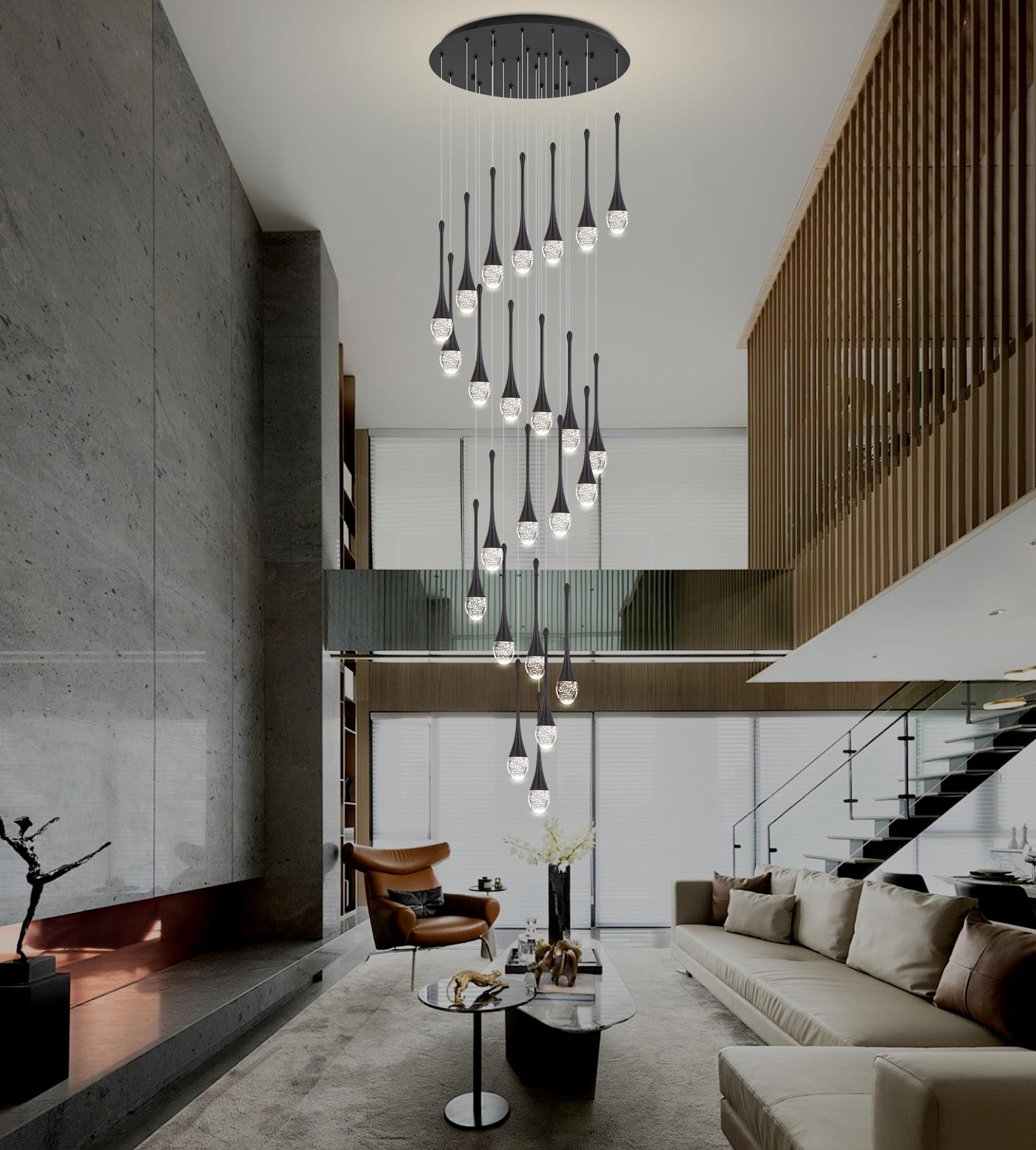 Upfelw Modern Crystal Staircase Chandelier, 24 Lights, Black Metal, H138'' Dimmable LED, Model UCC-B24-0436, Remote Control