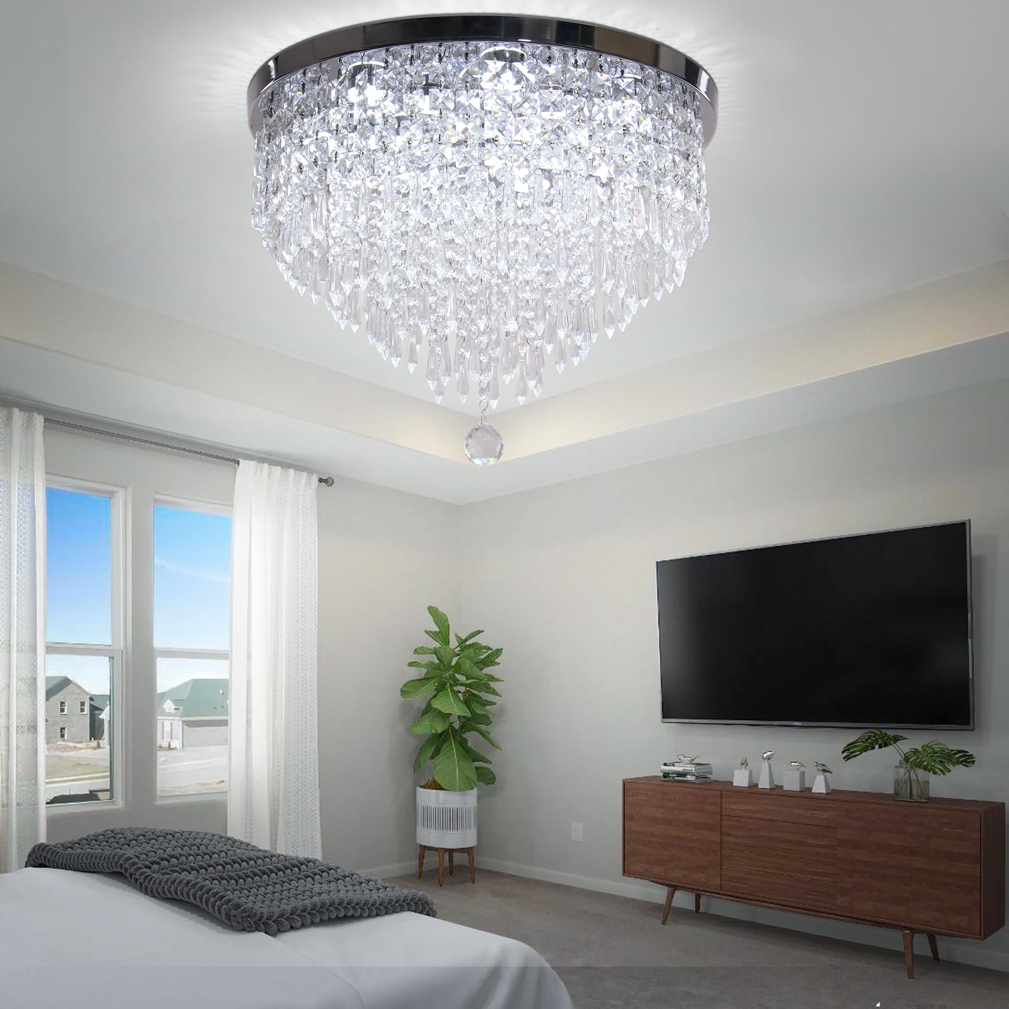 Ypqxyhda Modern Crystal Chandeliers Led 5 Tier Crystal Ceiling Light Fixture Flush Mount Ceiling Chandeliers For Dining Room Bed