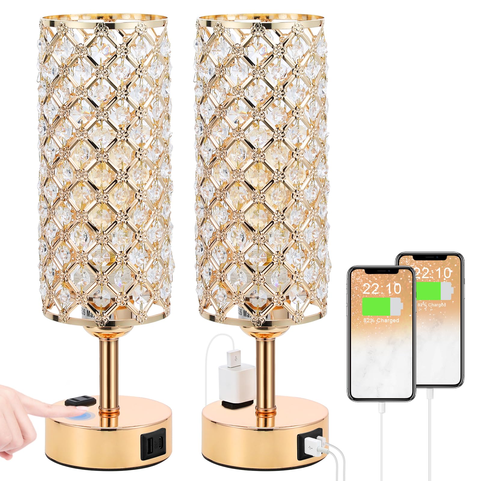 Hong-In Dimmable Gold Lamps Set Of 2 With Usb-C Charging Ports, 3-Way Crystal Bedside Lights For Bedroom And Living Room