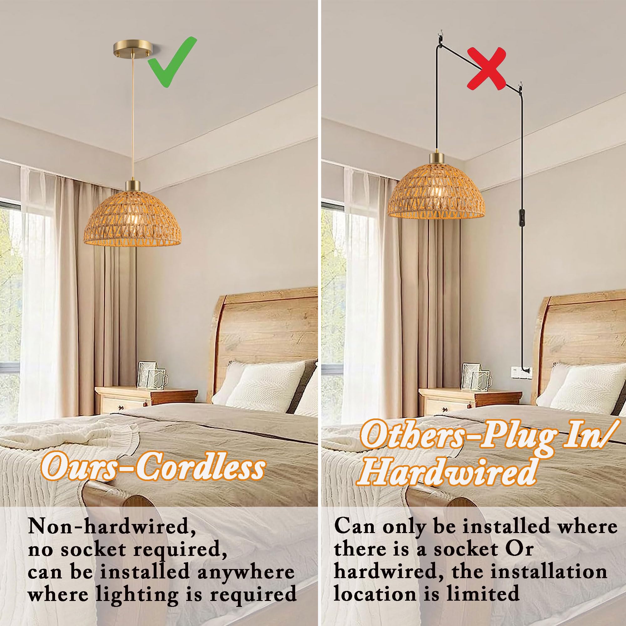 Nekhung Battery Operated Pendant Light With Remote-Battery Chandelier Handwoven Rattan, Battery Hanging Light 50+Hours Long Life