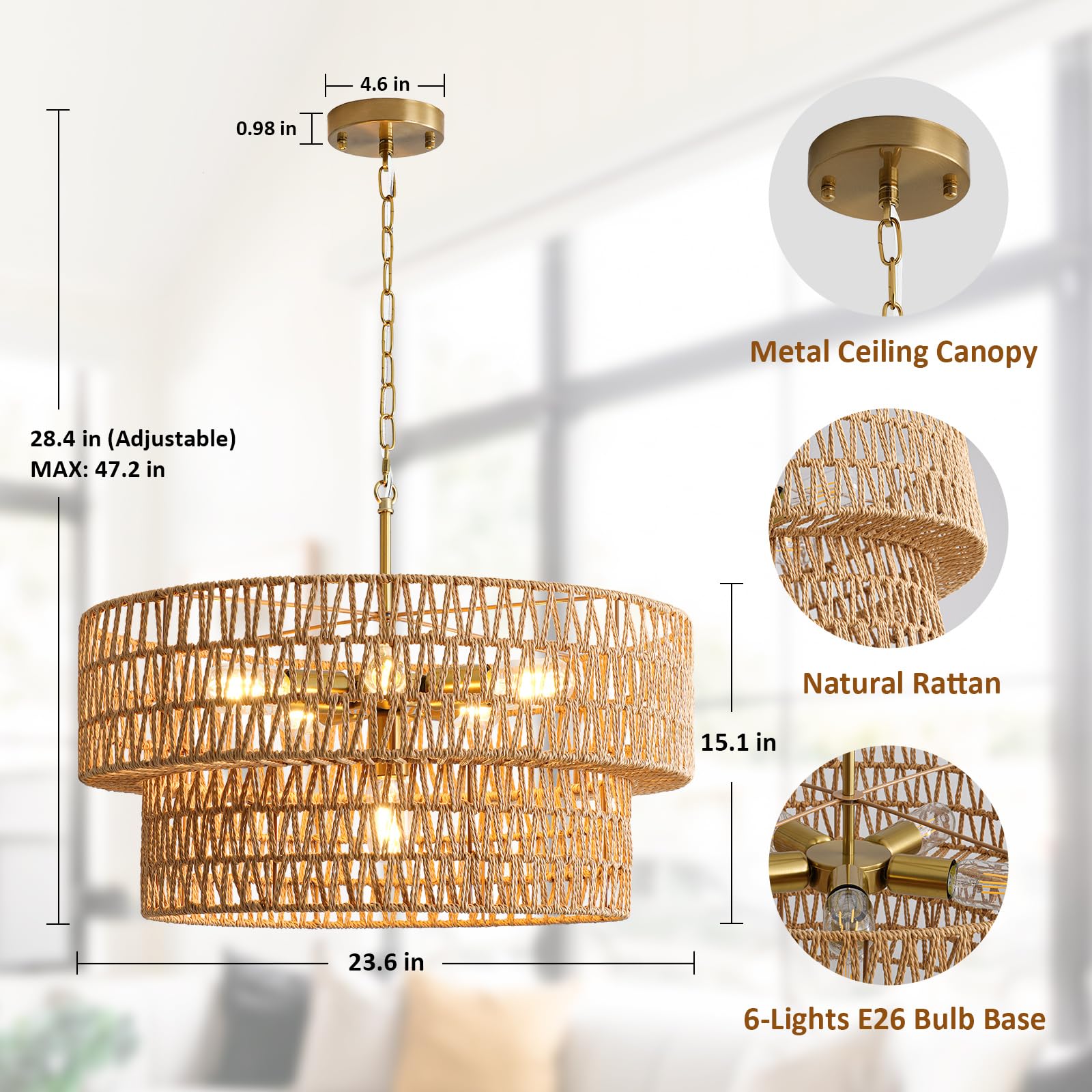 SupMaka 23.6" Boho Rattan Chandelier, 6-Light Pendant Light, Brown Wicker Shade, Ideal for Dining Room, Living Room, Bedroom