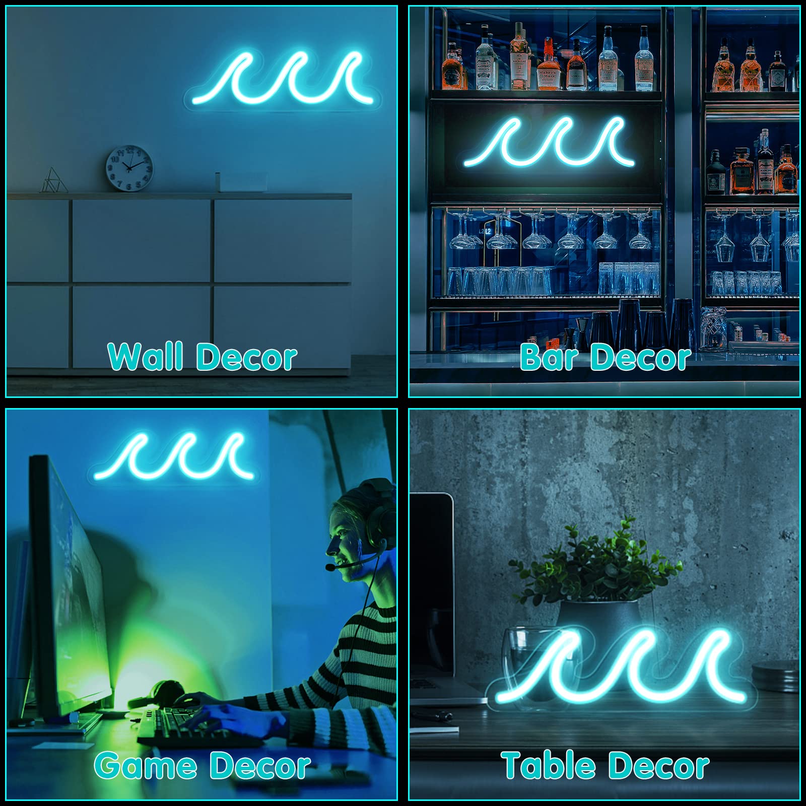 Imegina Wave Ice Blue Led Neon Sign - Usb Powered Wall Decor With Dimmer, 13.7X5 Inch